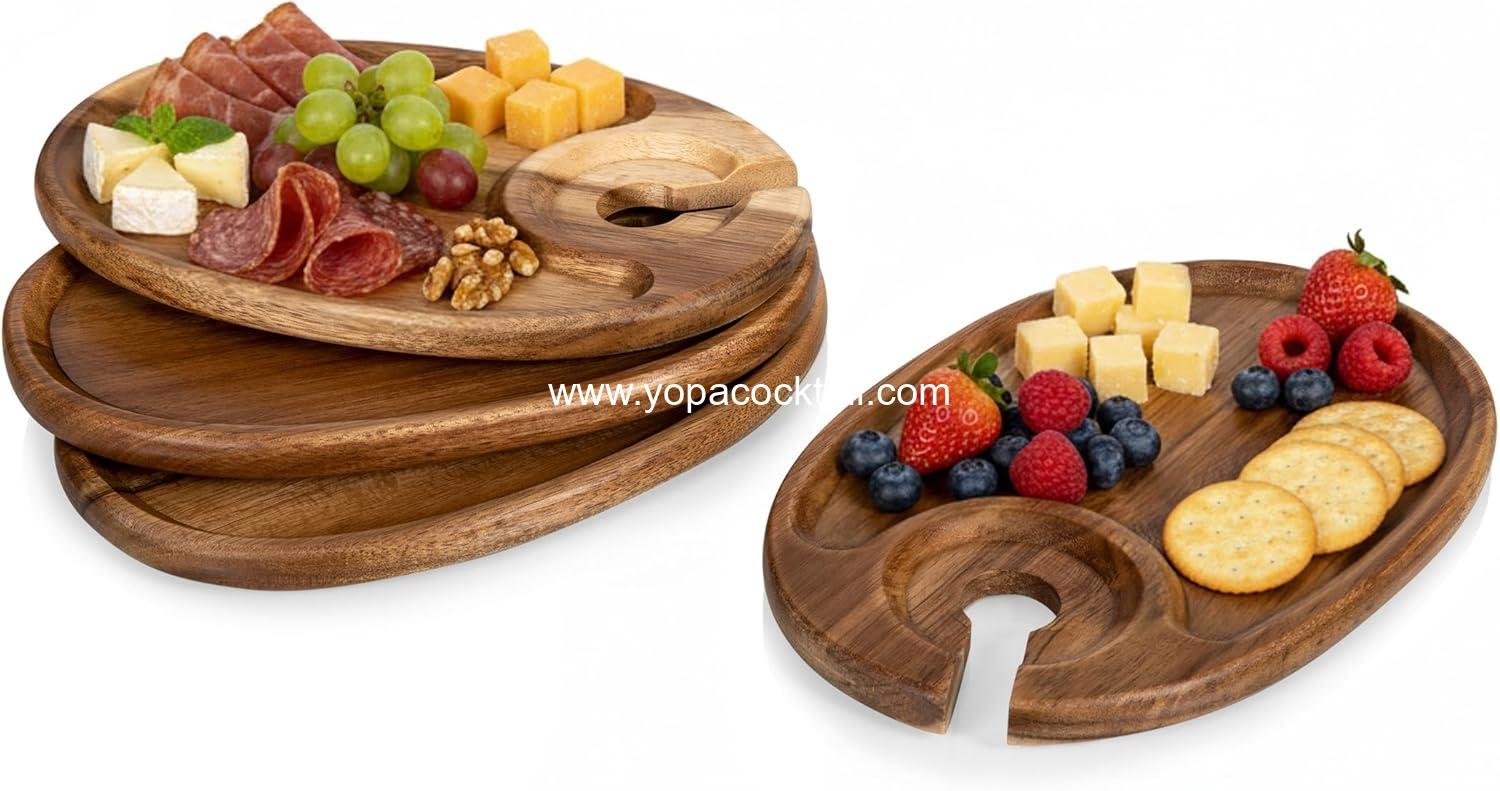 Wholesale Set of 4 Oval Acacia Wine Appetizer Plates with Glass Holder | Mini Charcuterie & Cheese Serving Boards manufacturer Wholesale Set of 4 Oval Acacia Wine Appetizer Plates with Glass Holder | Mini Charcuterie & Cheese Serving Boards manufacturer