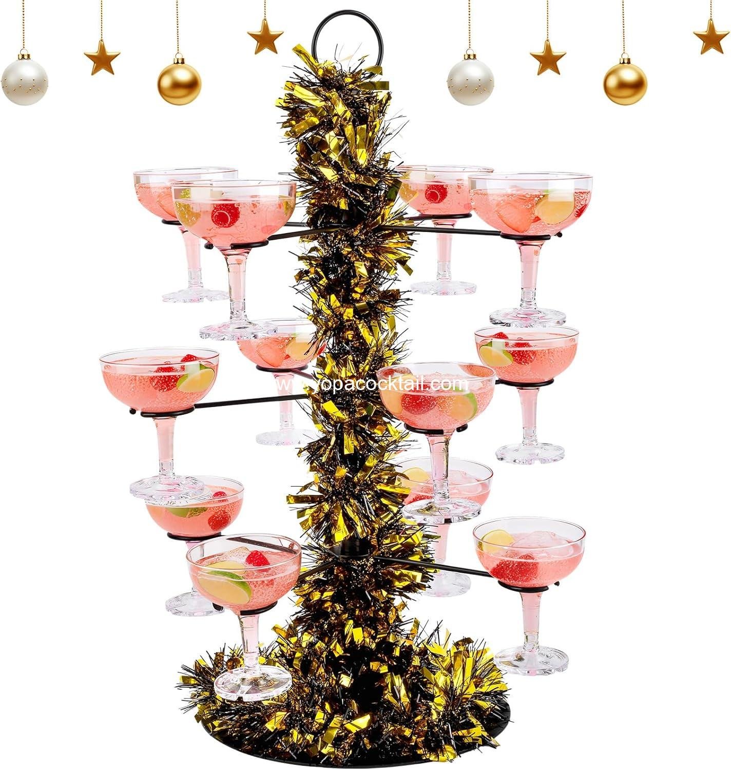 wholesale 3-Tier 12-Holder Cocktail Tree Stand with Christmas Garland | Wine Glass & Champagne Tower for Martini, Weddings & Events (Black/Gold) manufacturer