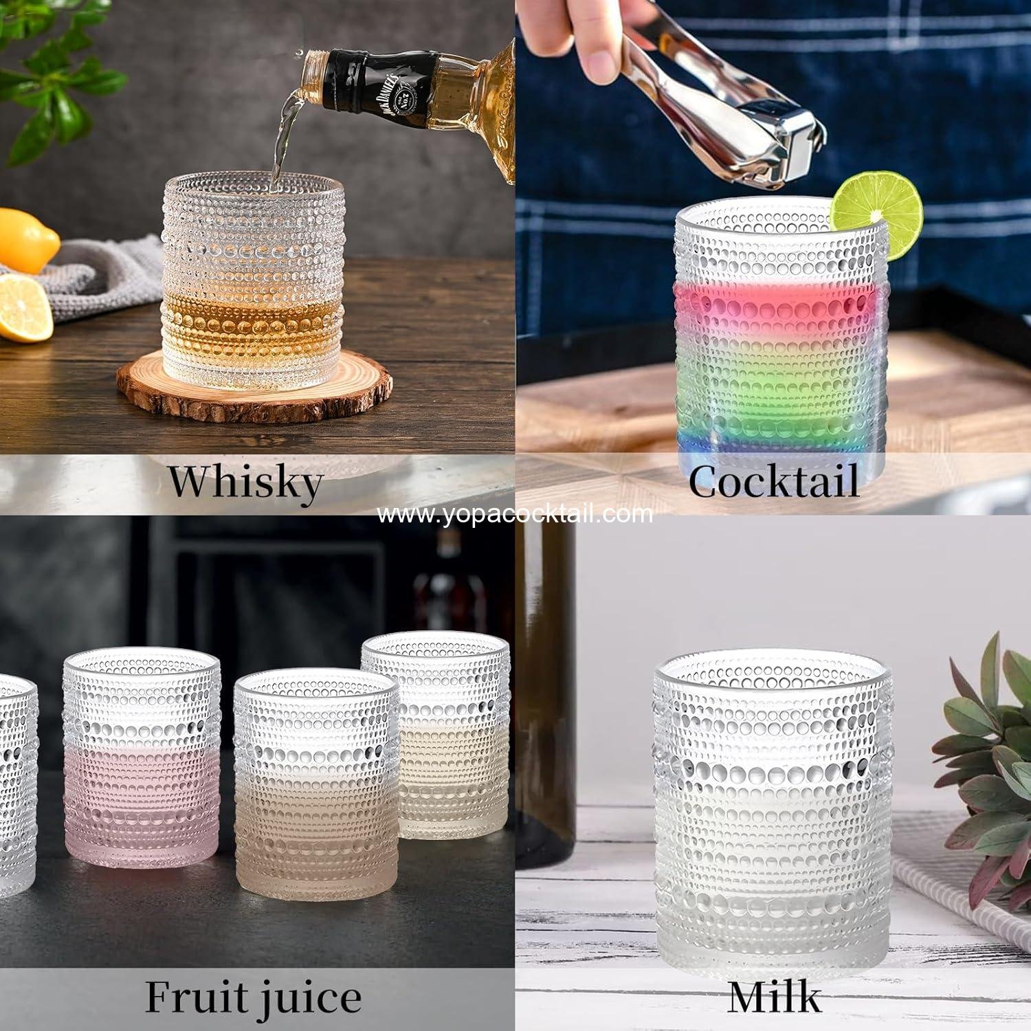 Wholesale Set of 4 Hobnail Drinking Glasses - 15.2 Oz Vintage Water Glasses, Clear Embossed Design Cocktail Glasses, Beaded Drinkware for Water, Beer, Juice - Factory