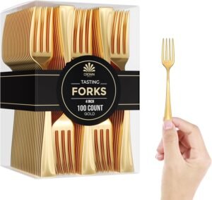 Exquisite Mini Disposable Gold Forks For Desserts - Pack Of 100 Dessert Forks – Size: 4 Inch - Color: Gold - Real Flatware Look - BPA Free - Food Safe