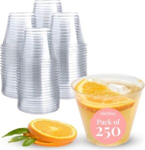 Prestee 250-Pack - 9oz Clear Plastic Cups - Durable Disposable Plastic Wine Glasses for Party, Weddings, and Catering - Small Drinking Glasses for Cocktails and Beverages - Heavy-Duty Fruit Punch Cups