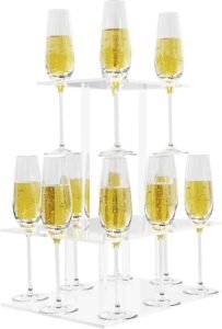 Champagne Tower, Rectangle Acrylic Drink Tower and Cocktail Tree Stand Wine Rack with 12 Slots, 2 Tiers Floating Sight Champagne Flute Holder for Party, Wedding, School, Celebration, 13.3x9.4x14.9 inch