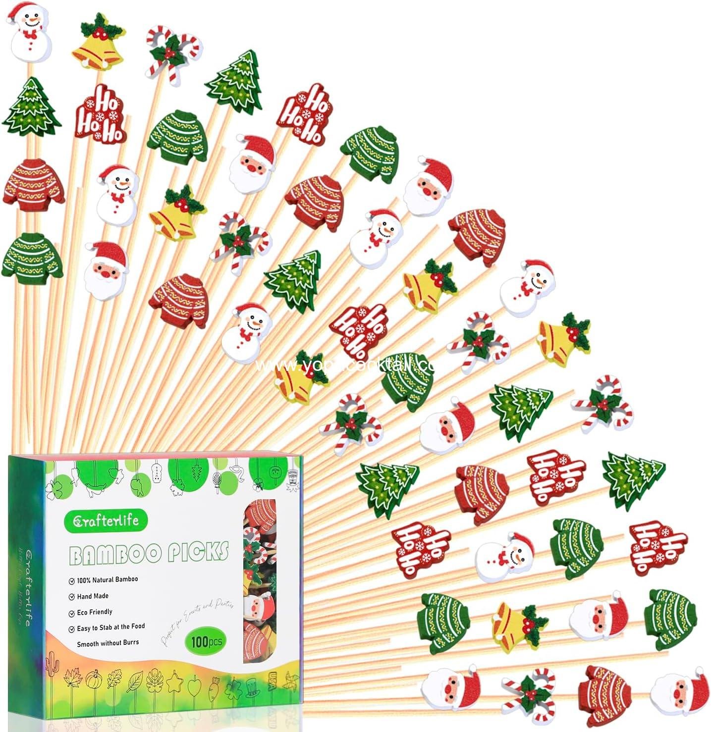 100Pcs, 5", Christmas Cocktail Picks Xmas Decor Toothpicks Fruit Sticks Food Sandwich Appetizer Charcuterie Skewers, Xmas Tree Snowman Bell Santa Claus Themed Christmas Decorations Party Supplies