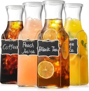 Set of 4 Square Glass Carafe with Lid, 1 Liter Clear Glass Pitcher, Beverage Serveware Carafe for Mimosa Bar, Brunch, Cold Water, Juice, Milk, Iced Tea, Lemonade