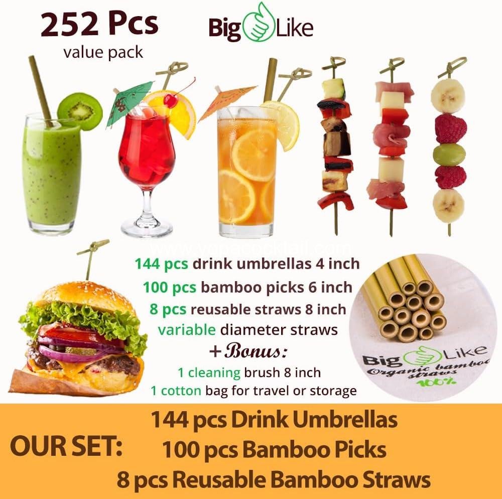 Wholesale 252 Pcs Cocktail Accessories - 144 Drink Umbrellas, 100 Bamboo Knot Picks (6