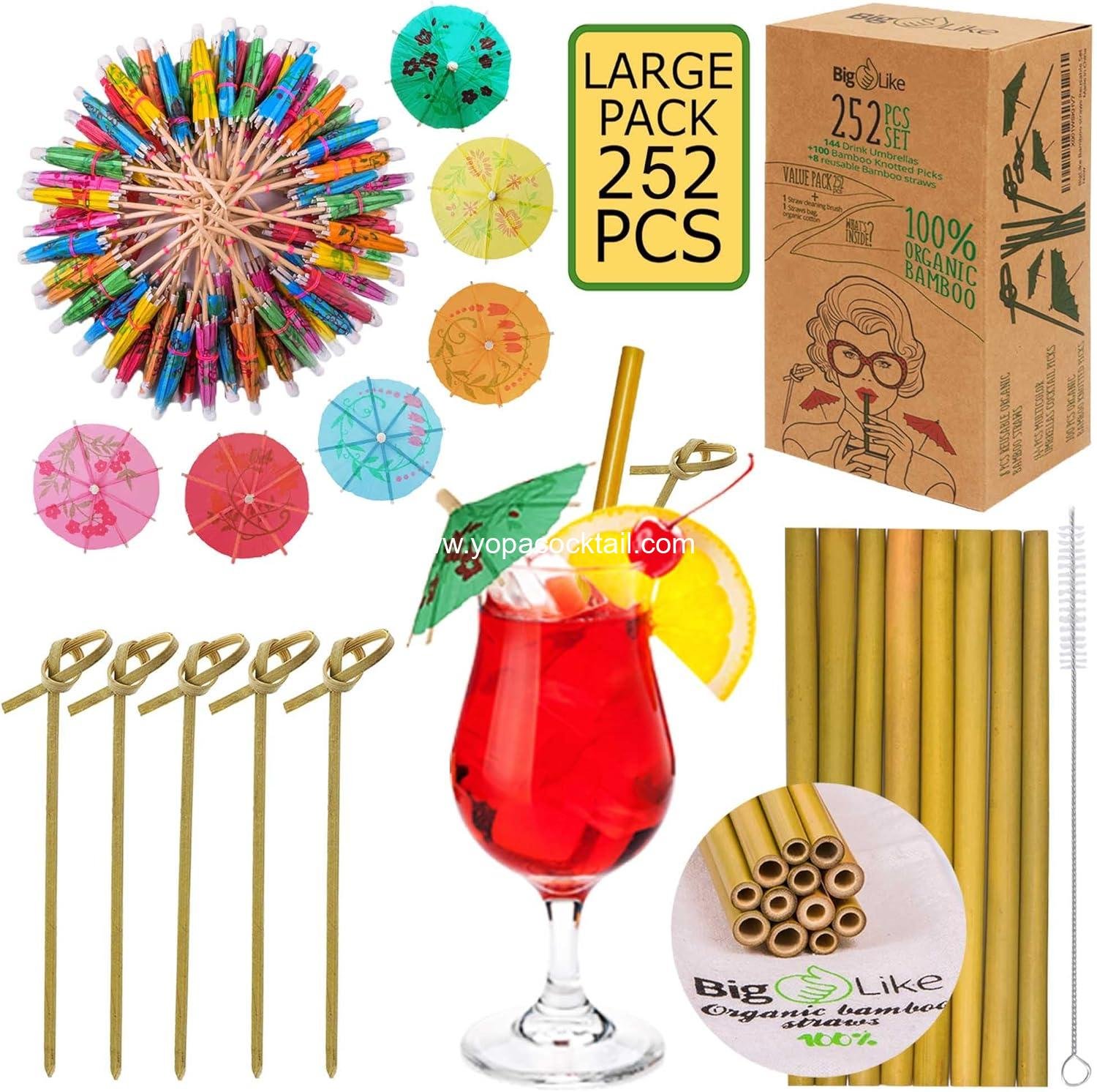 Wholesale 252 Pcs Cocktail Accessories - 144 Drink Umbrellas, 100 Bamboo Knot Picks (6"), 8 Organic Bamboo Straws - Cocktail Umbrellas, Appetizer Picks, Tiki Picks Supplier