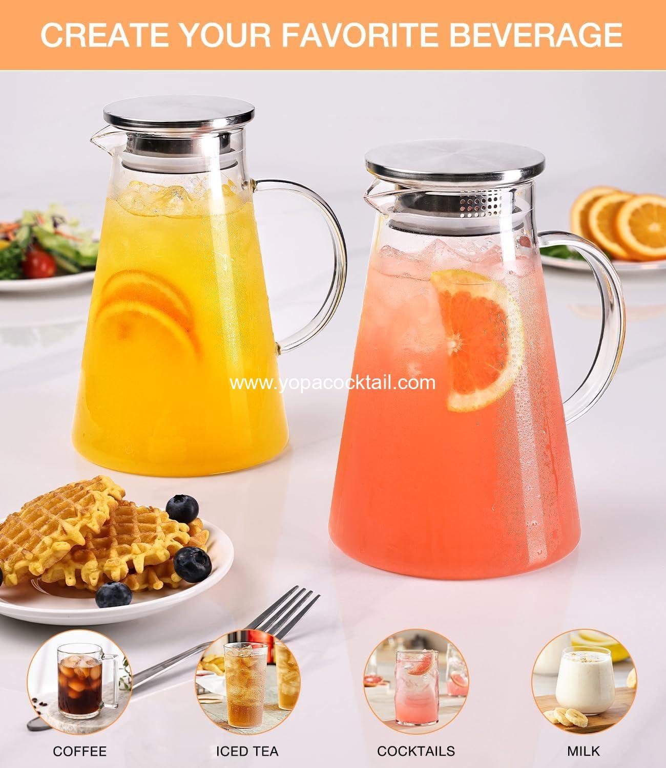 OEM 2L (68oz) Borosilicate Glass Pitcher with Lid & Handle Spout Carafe for Hot and Cold Drinks Iced Tea Juice Coffee Sangria manufacturer OEM 2L (68oz) Borosilicate Glass Pitcher with Lid & Handle Spout Carafe for Hot and Cold Drinks Iced Tea Juice Coffee Sangria manufacturer