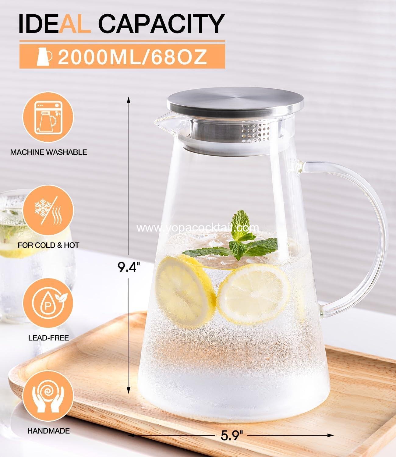 OEM 2L (68oz) Borosilicate Glass Pitcher with Lid & Handle Spout Carafe for Hot and Cold Drinks Iced Tea Juice Coffee Sangria manufacturer OEM 2L (68oz) Borosilicate Glass Pitcher with Lid & Handle Spout Carafe for Hot and Cold Drinks Iced Tea Juice Coffee Sangria manufacturer