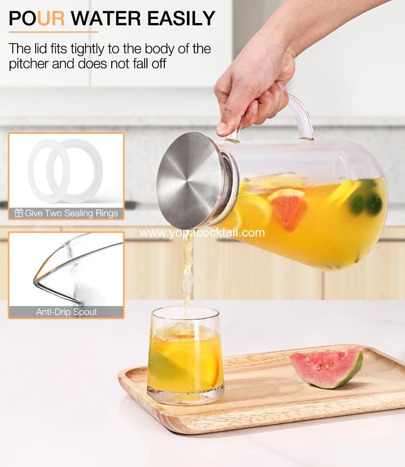 OEM 2L (68oz) Borosilicate Glass Pitcher with Lid & Handle Spout Carafe for Hot and Cold Drinks Iced Tea Juice Coffee Sangria manufacturer OEM 2L (68oz) Borosilicate Glass Pitcher with Lid & Handle Spout Carafe for Hot and Cold Drinks Iced Tea Juice Coffee Sangria manufacturer