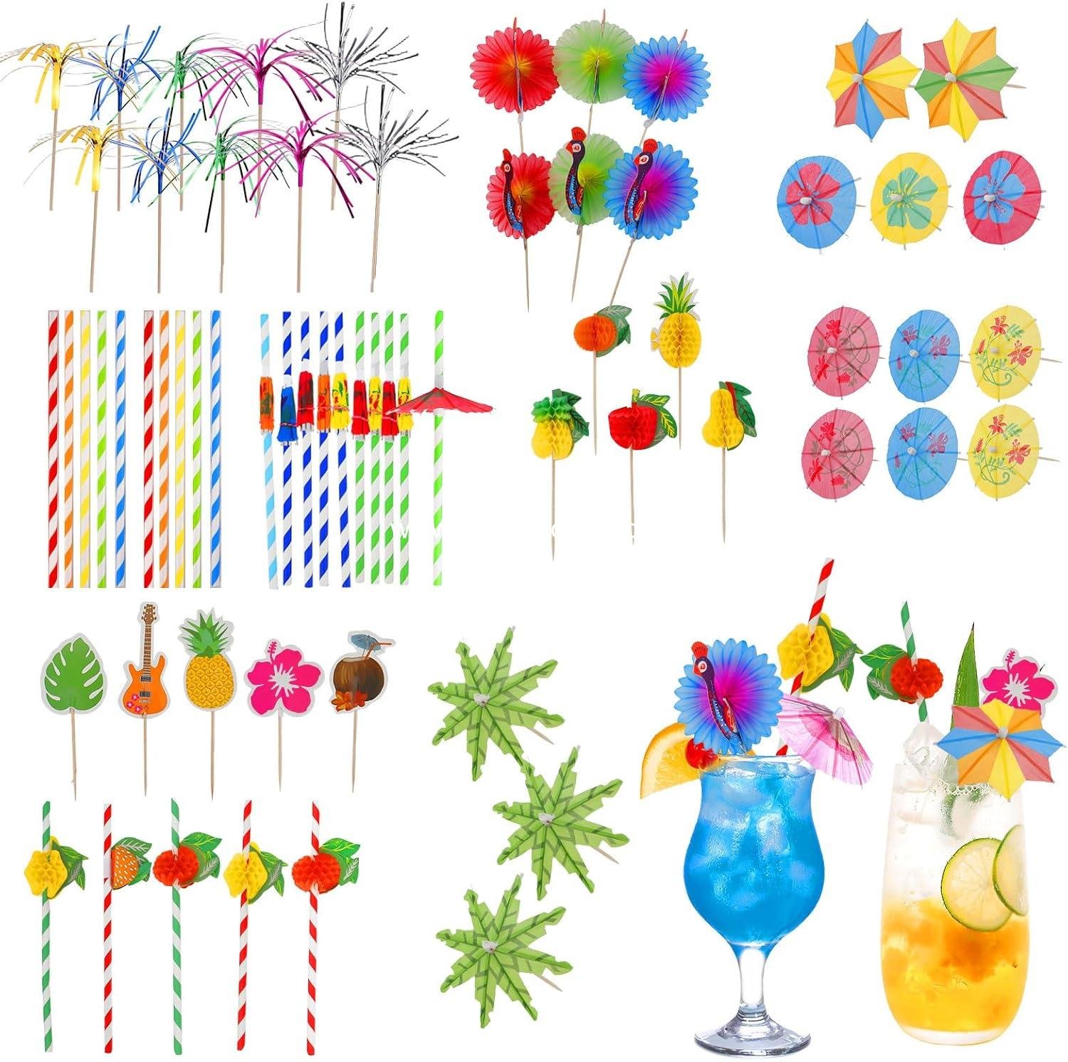100PCS Drink Umbrellas Cocktail, Cocktail Umbrellas, Reusable Paper Umbrellas, Sparkler Sticks, Paper Straws,Fruit Label, Cocktail Accessories for Summer Beach Party Food Drink