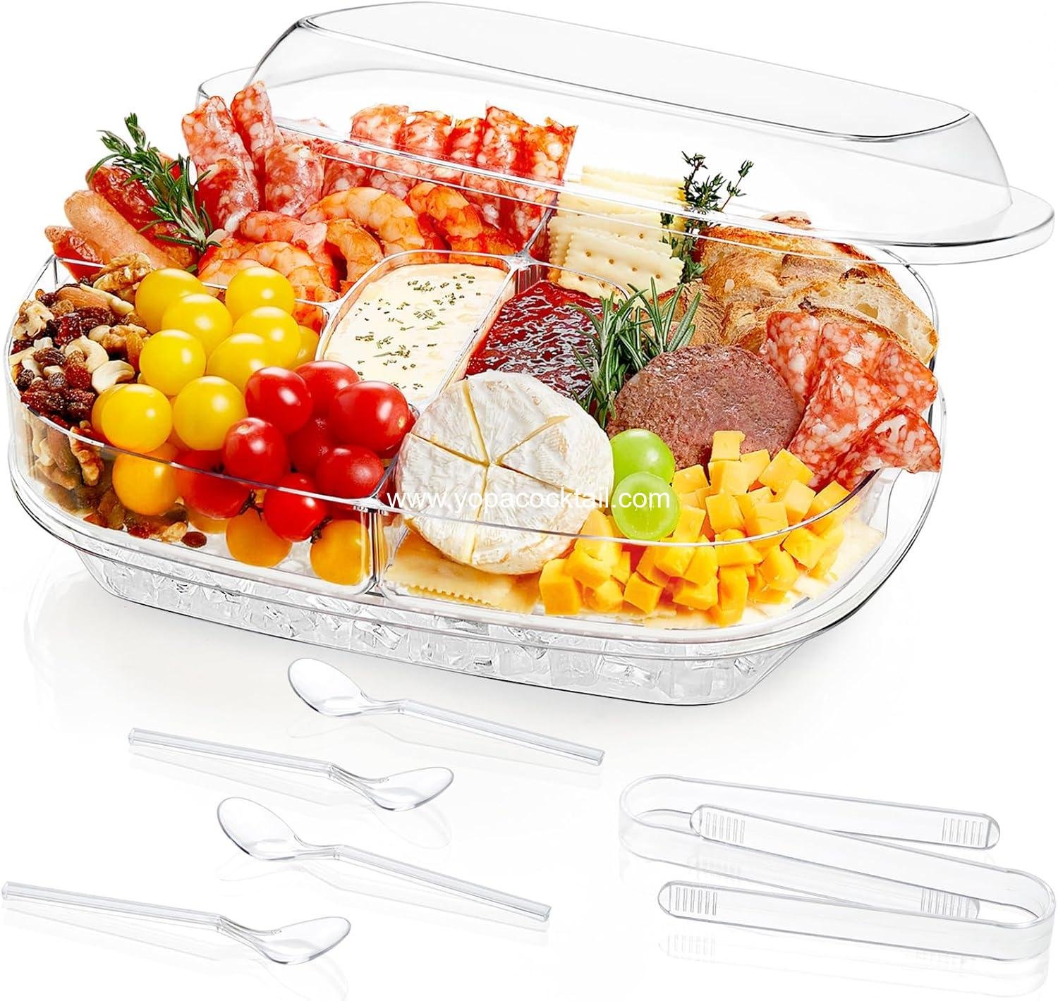 Lifewit Chilled Serving Tray for Parties, 15” Divided Shrimp Cocktail Serving Dish with Lid, Plastic Taco Bar Platter, Ice Serving Bowl for Veggie, Fruit, Salad, Mimosa Bar Supplies in Party/Buffet