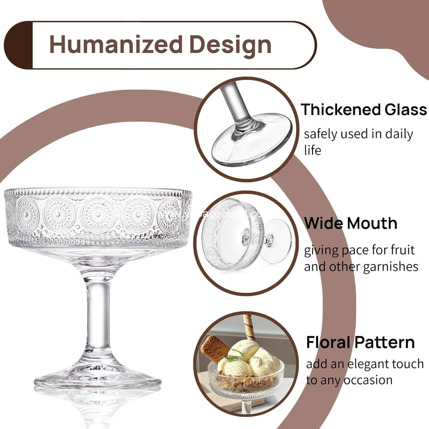 Wholesale Set of 6 Vintage Coupe Glasses - 7 OZ Embossed Martini and Floral Fluted Cocktail Glasses, Unique Clear Margarita Cups, Romantic Glassware for Wine and Champagne Supplier Wholesale Set of 6 Vintage Coupe Glasses - 7 OZ Embossed Martini and Floral Fluted Cocktail Glasses, Unique Clear Margarita Cups, Romantic Glassware for Wine and Champagne Supplier