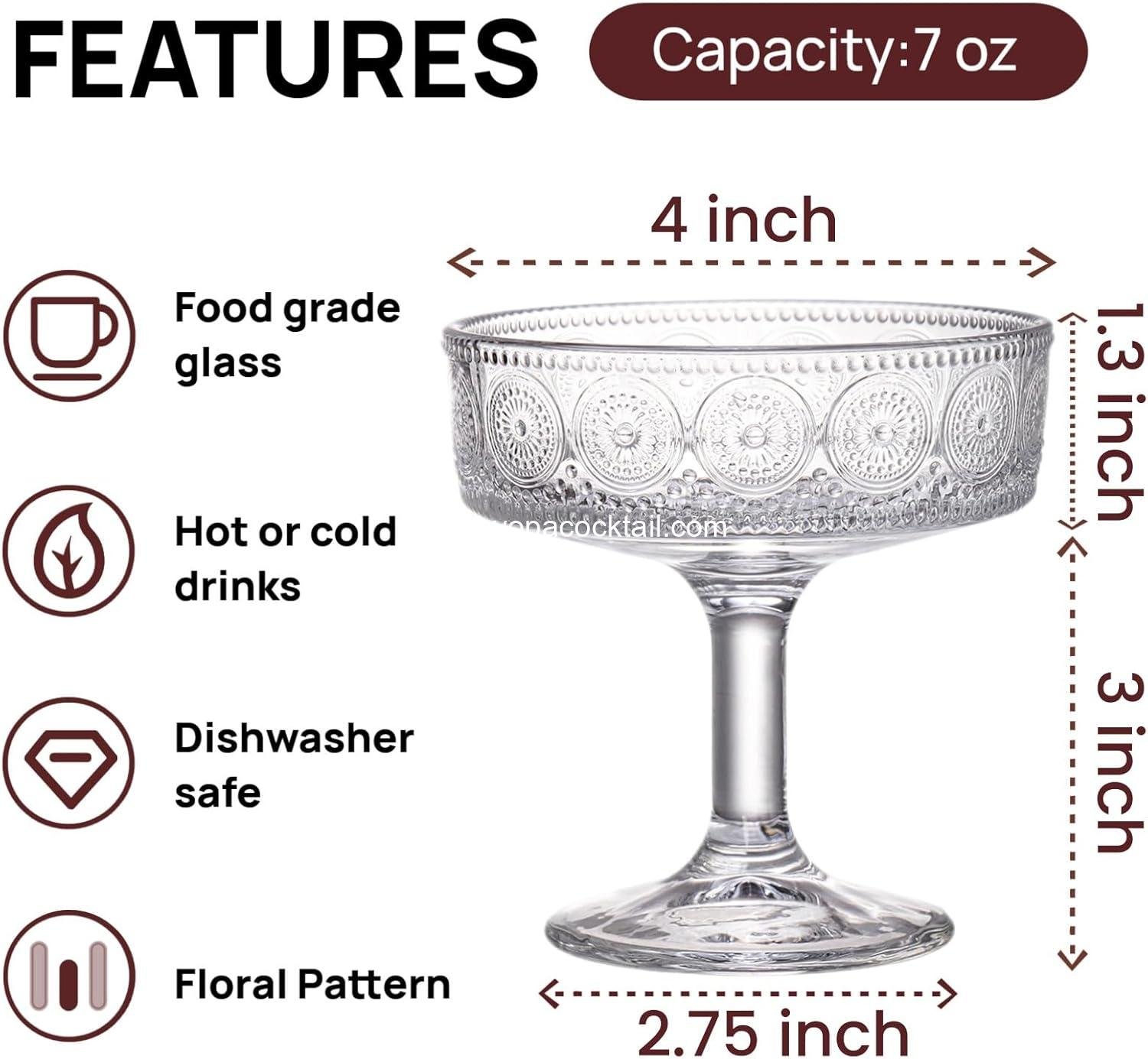 Wholesale Set of 6 Vintage Coupe Glasses - 7 OZ Embossed Martini and Floral Fluted Cocktail Glasses, Unique Clear Margarita Cups, Romantic Glassware for Wine and Champagne Supplier Wholesale Set of 6 Vintage Coupe Glasses - 7 OZ Embossed Martini and Floral Fluted Cocktail Glasses, Unique Clear Margarita Cups, Romantic Glassware for Wine and Champagne Supplier