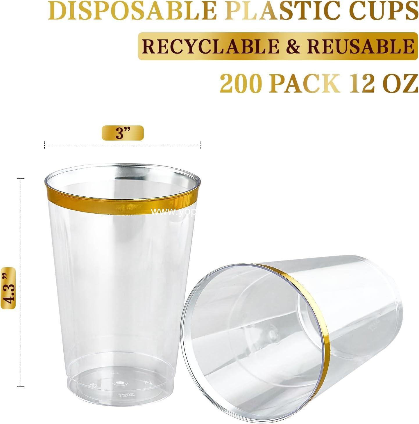 Wholesale 200 Pack 12 oz Gold Rimmed Plastic Cups, Clear Heavy-Duty Disposable Tumblers for Weddings and Elegant Parties, OEM Supplier Wholesale 200 Pack 12 oz Gold Rimmed Plastic Cups, Clear Heavy-Duty Disposable Tumblers for Weddings and Elegant Parties, OEM Supplier