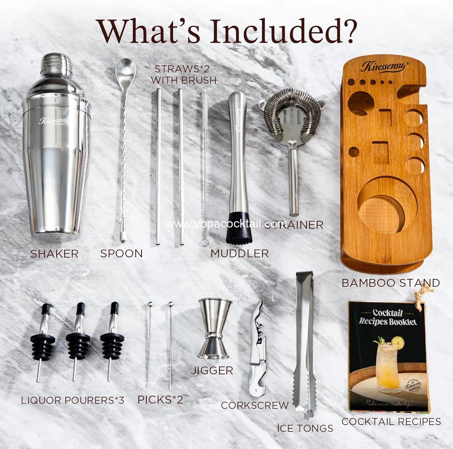 Wholesale Cocktail Shaker Set Bartender Kit with Stand | Essential Drink Mixer Accessories: Martini Shaker, Jigger, Strainer, Mixer Spoon, Muddler, Liquor Pourers | Silver Factory