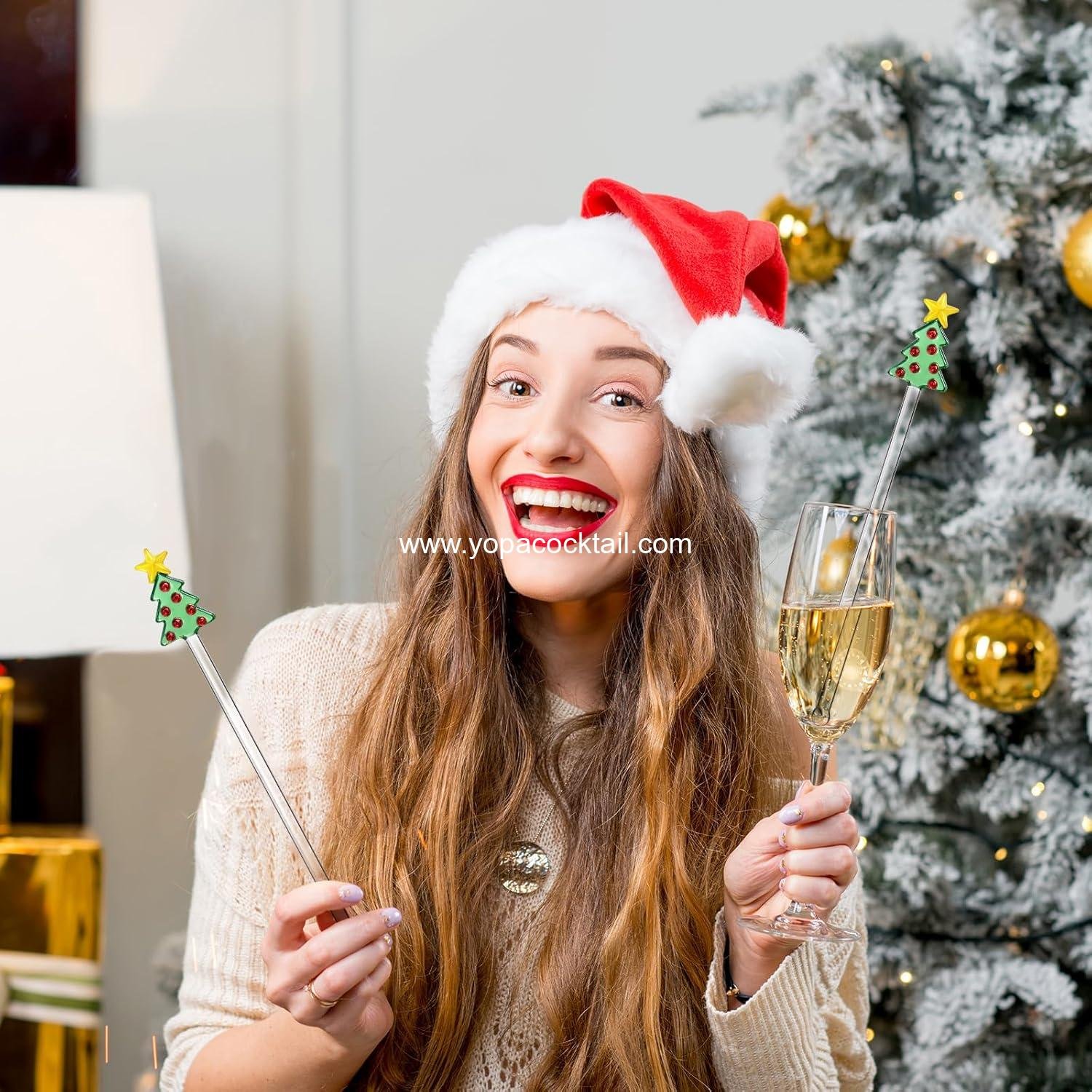 Wholesale 8 Pcs Christmas Drink Stirrers Glass Tree Cocktail Swizzle Sticks Reusable for Hot Cocoa Bar and Chocolate Decoration Home Office Restaurant Supplier