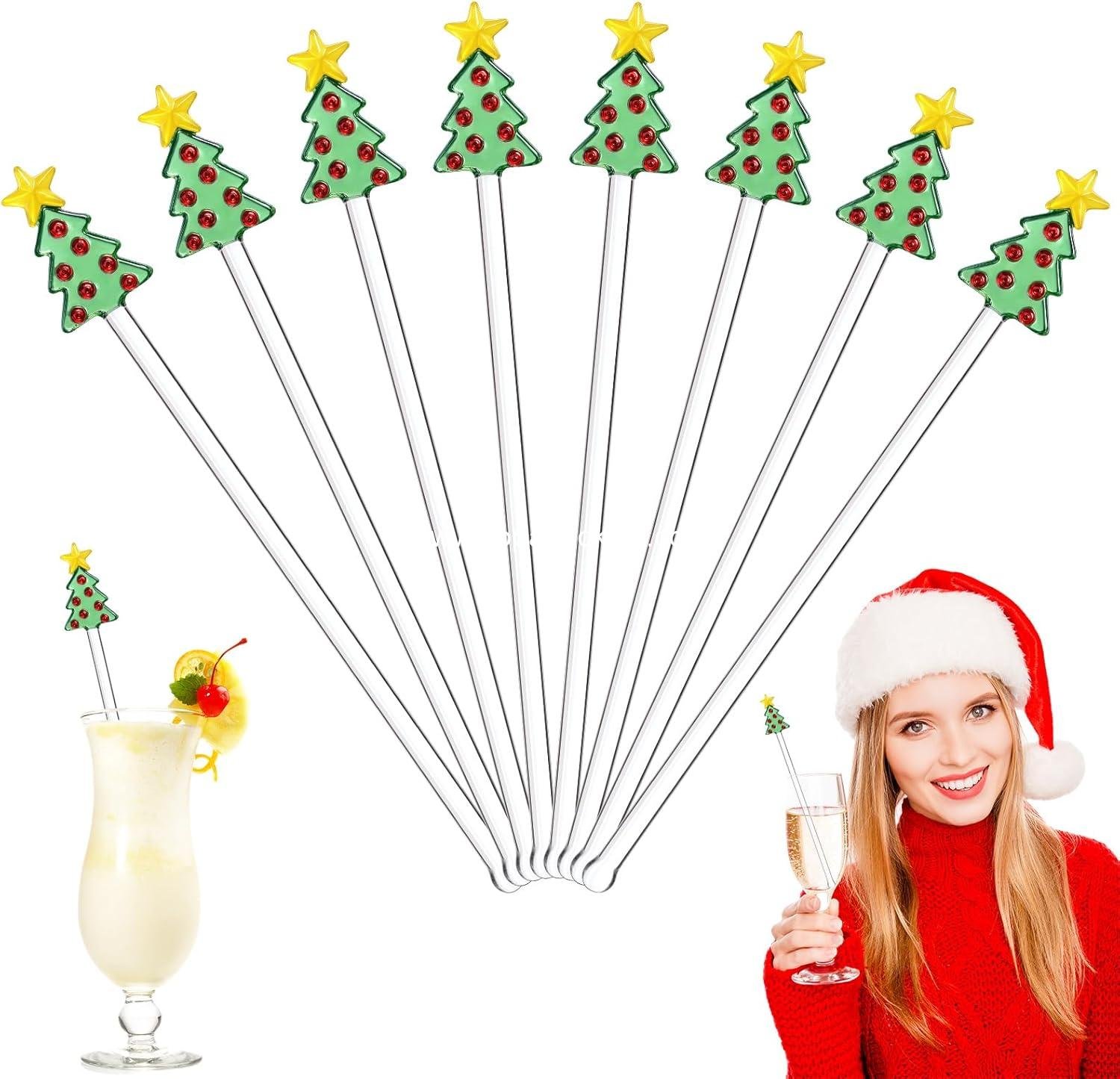 Wholesale 8 Pcs Christmas Drink Stirrers Glass Tree Cocktail Swizzle Sticks Reusable for Hot Cocoa Bar and Chocolate Decoration Home Office Restaurant Supplier