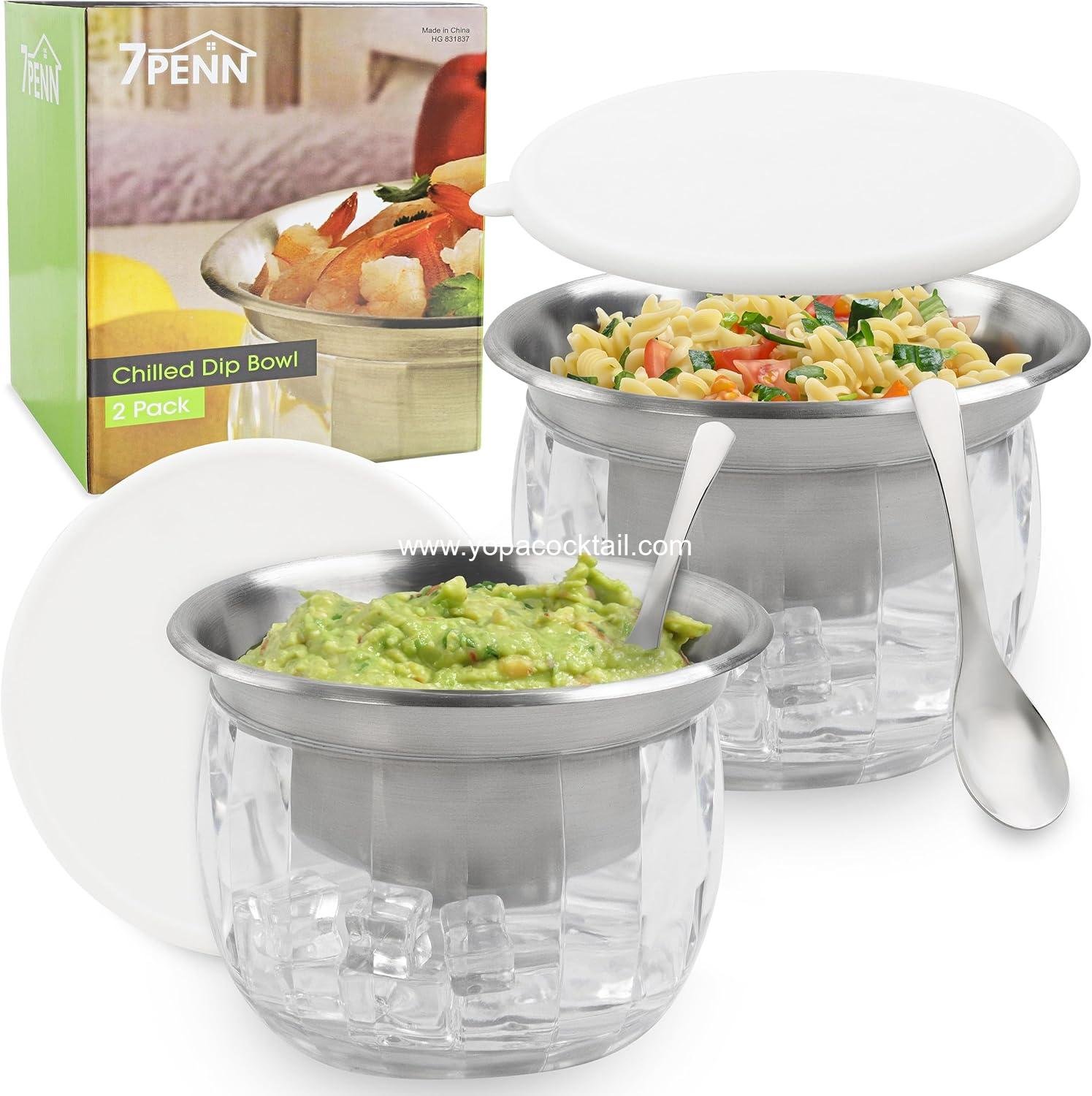 7Penn Shrimp Cocktail Serving Dish 2 Pack - 25 Ounce Stainless Steel Chilled Condiment Server with Lid and Spoons - Acrylic Cold Food Buffet Server with Ice Chamber for Hosting and Entertaining