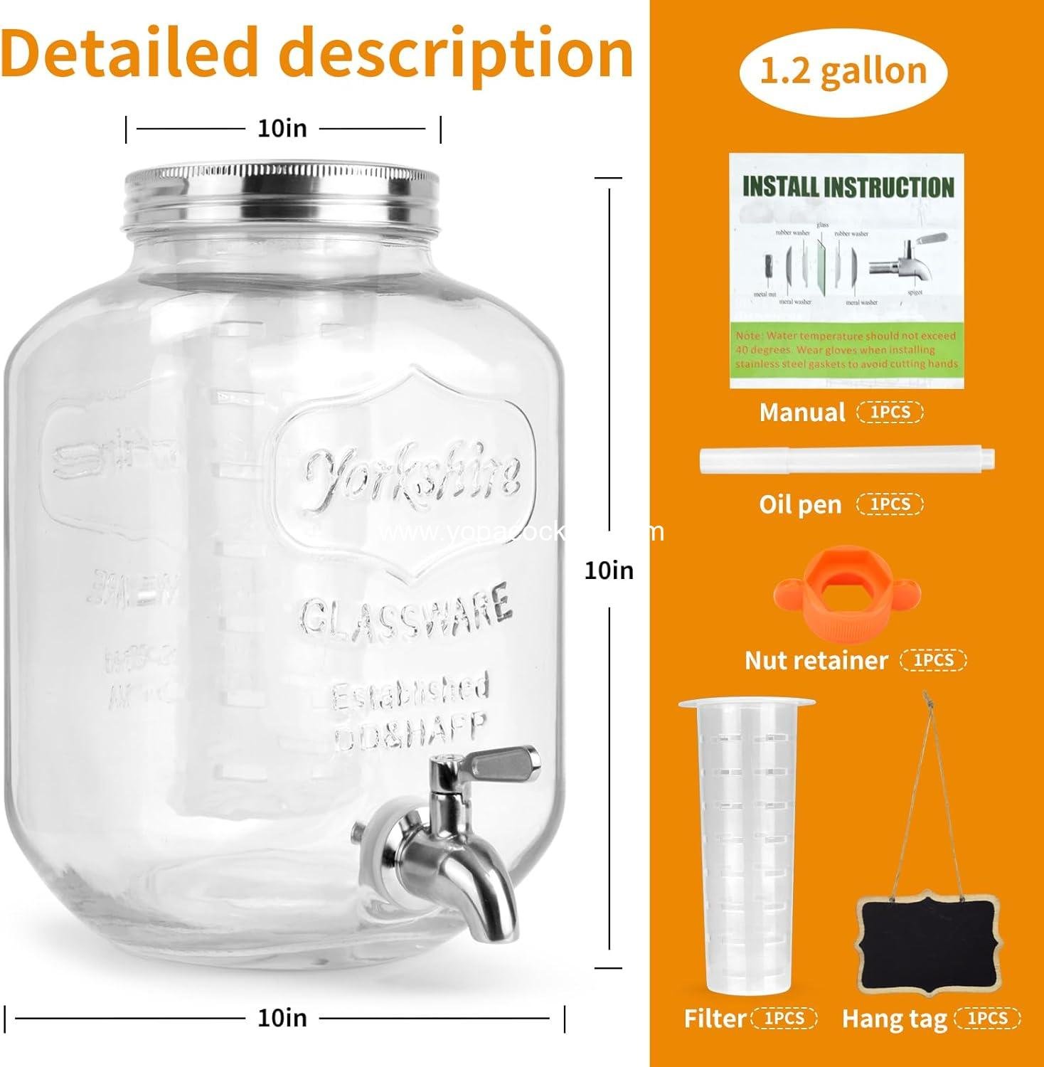 Wholesale Glass Beverage Dispenser with Stainless Steel Spigot, 1.2 Gallon Mason Jar Drink Dispenser for Sun Tea, Lemonade, and Juice at Weddings & Events, Leak-Proof with Infuser Included - Supplier