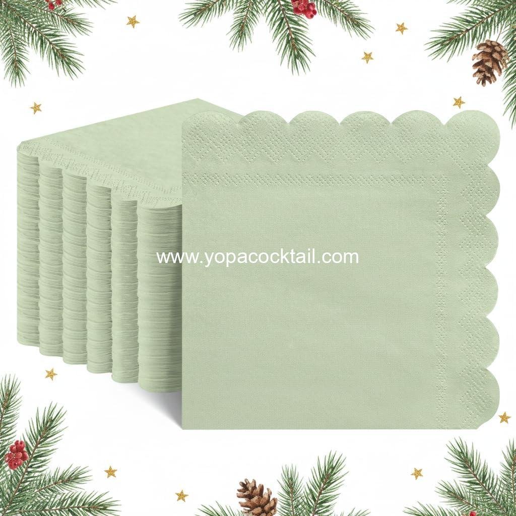 120 Pcs Cocktail Napkins Sage Green Napkins Disposable Dessert Beverage Napkin Scalloped Paper Napkin for Wedding, Bridal Baby Shower, Birthday, 5 x 5 Inch
