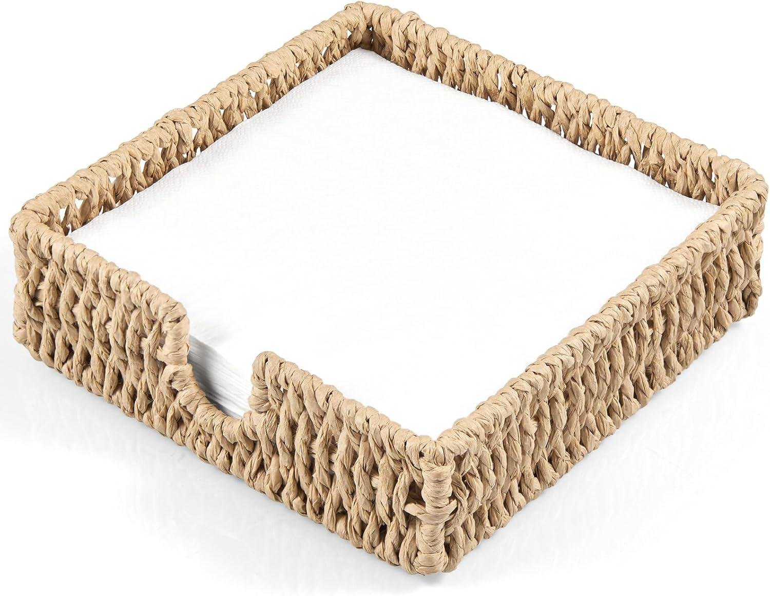 Napkin Holder for Table, Woven Paper Rope Napkin Holders For Paper Napkins, Wicker Napkin Holders for Kitchen Dinner Table Boho Decor and Accessories, Square Napkin Basket and Serving Tray