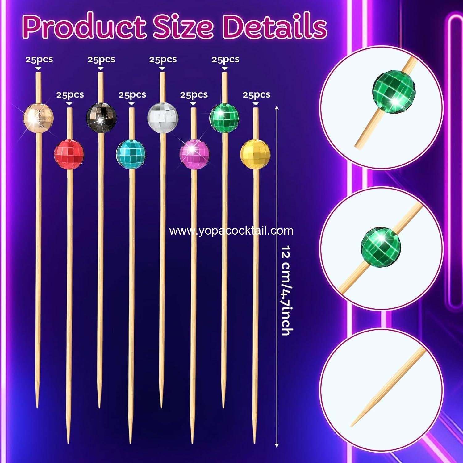Wholesale 200 Pcs Disco Ball Cocktail Picks 4.7 Inch Colorful Decor Toothpicks for Appetizers and Drinks, Bamboo Skewers for Fruit and Charcuterie, Summer 70s Theme Party Supplier