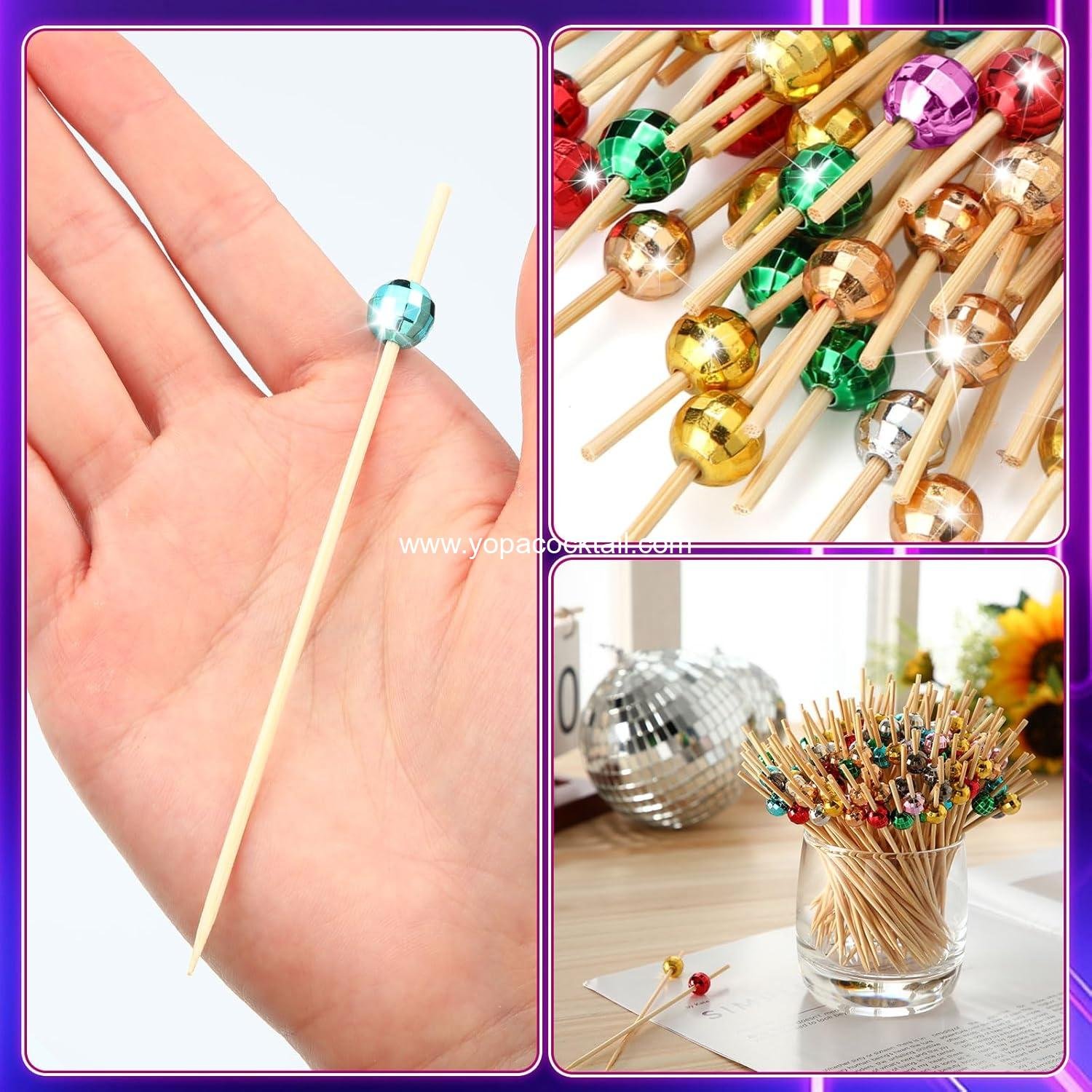 Wholesale 200 Pcs Disco Ball Cocktail Picks 4.7 Inch Colorful Decor Toothpicks for Appetizers and Drinks, Bamboo Skewers for Fruit and Charcuterie, Summer 70s Theme Party Supplier