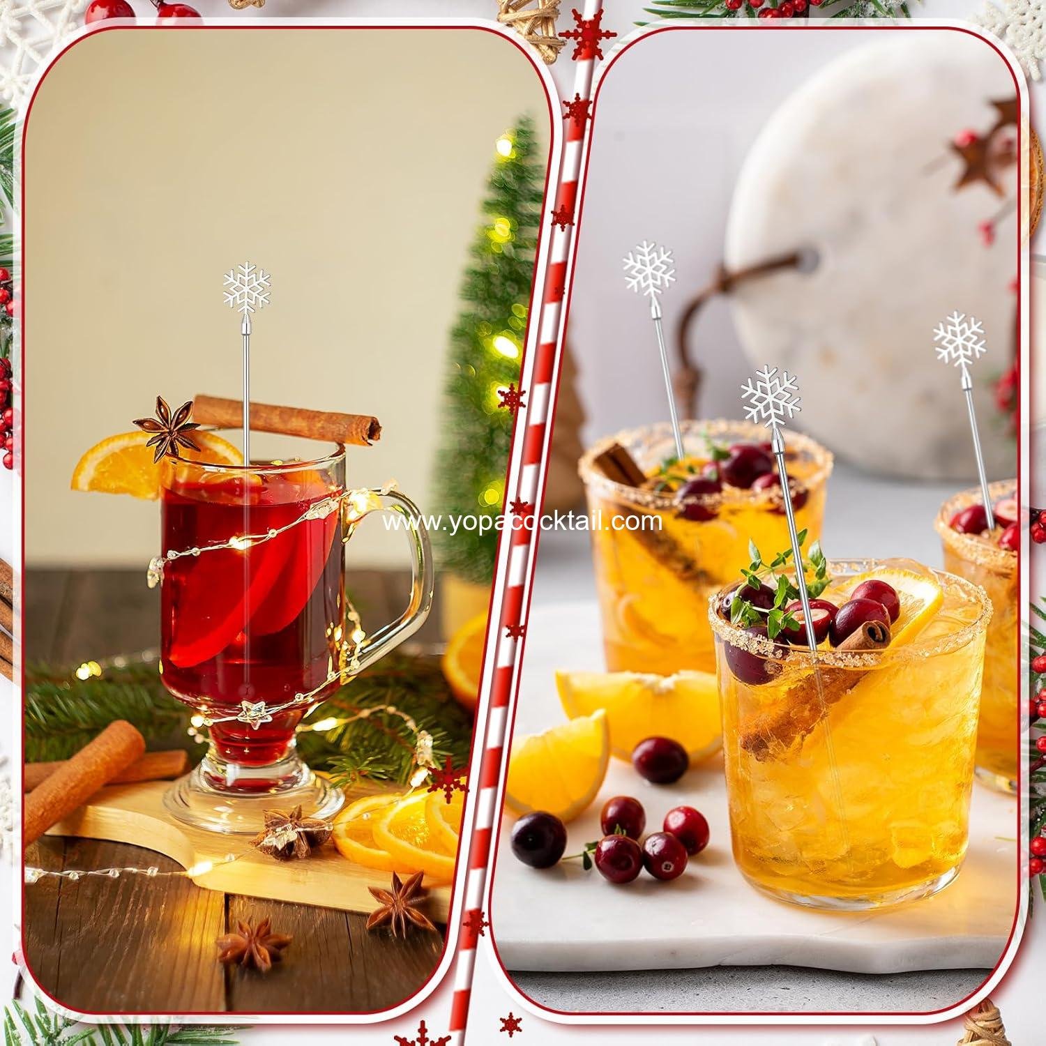 Wholesale 10 Pack Christmas Snowflake Drink Stirrers 7.9 Inch for Hot Cocoa Bar and Cocktail Supplies. Reusable Metal Swizzle Sticks for Winter Coffee and Xmas Party Decor Supplier.