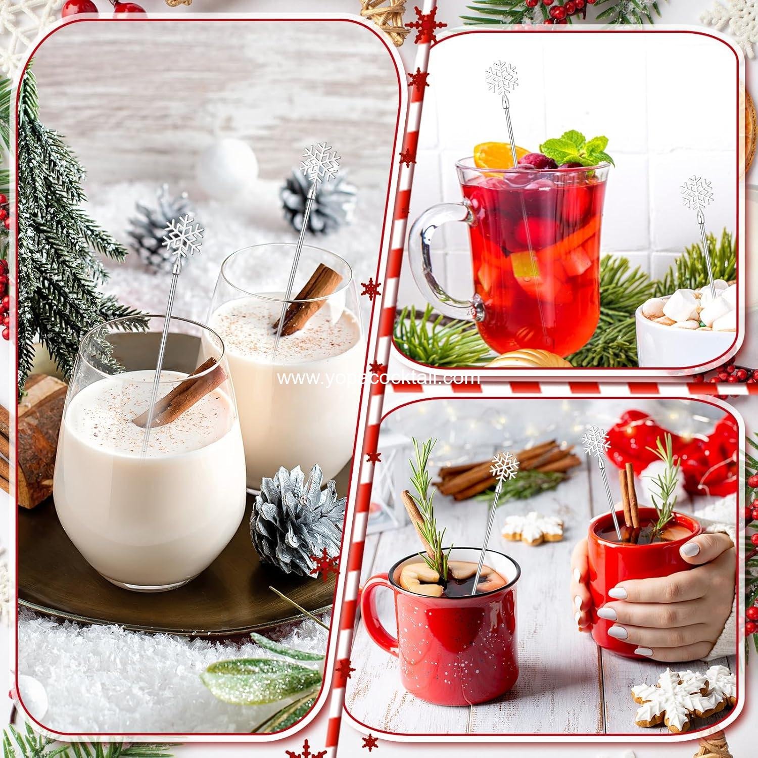 Wholesale 10 Pack Christmas Snowflake Drink Stirrers 7.9 Inch for Hot Cocoa Bar and Cocktail Supplies. Reusable Metal Swizzle Sticks for Winter Coffee and Xmas Party Decor Supplier.