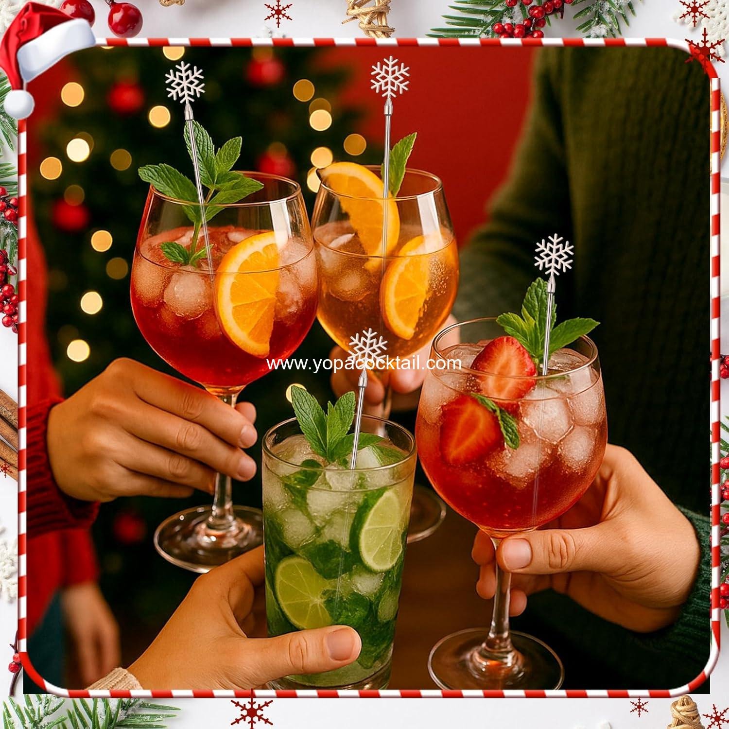 Wholesale 10 Pack Christmas Snowflake Drink Stirrers 7.9 Inch for Hot Cocoa Bar and Cocktail Supplies. Reusable Metal Swizzle Sticks for Winter Coffee and Xmas Party Decor Supplier.