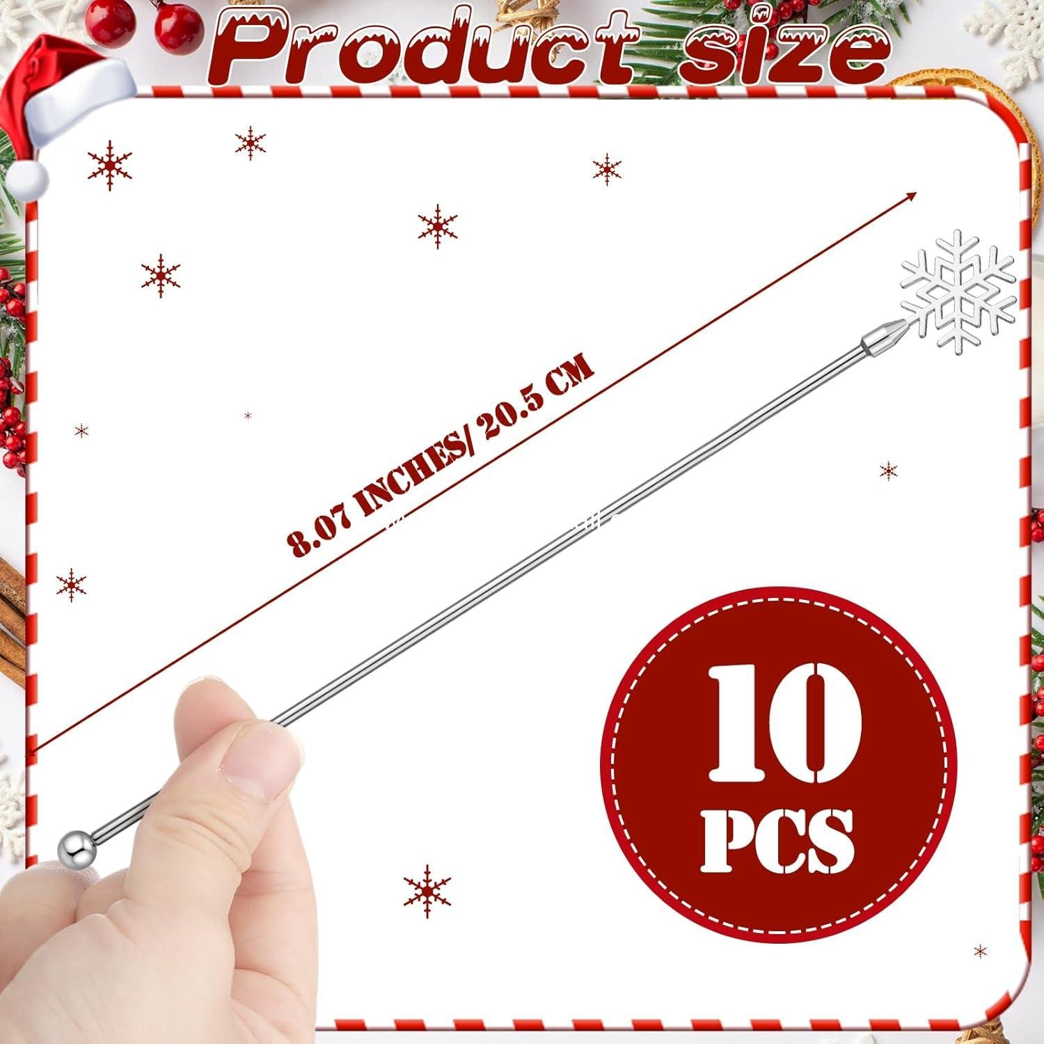 Wholesale 10 Pack Christmas Snowflake Drink Stirrers 7.9 Inch for Hot Cocoa Bar and Cocktail Supplies. Reusable Metal Swizzle Sticks for Winter Coffee and Xmas Party Decor Supplier.