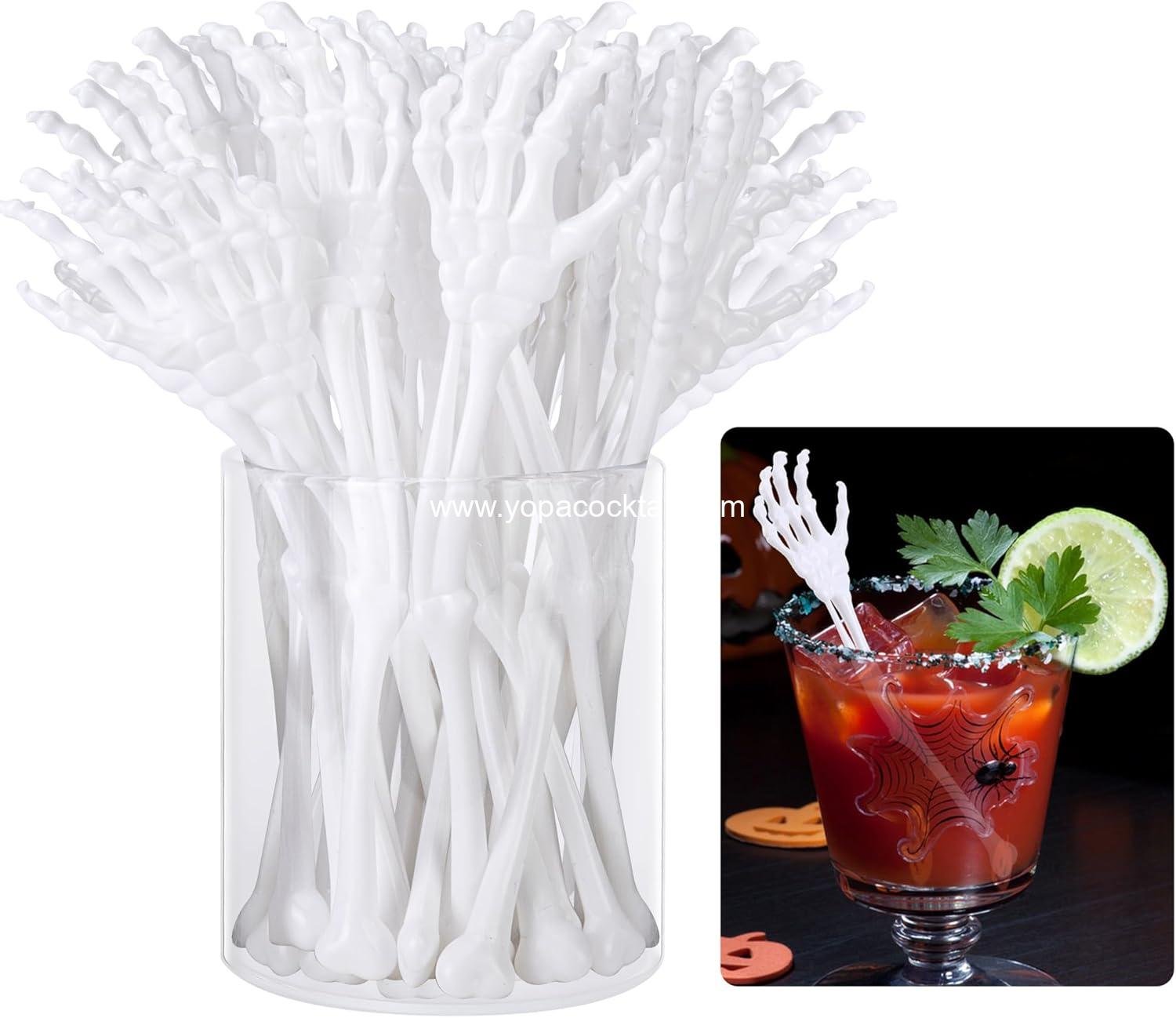 RunNico 50 Pcs 5.9''x1.5'' Halloween Skeleton Cocktail Stirrers, Reusable Skeleton Hand Swizzle Sticks, Halloween Plastic Drink Stirrer for Home Bar Horror Party Table Decorations Photo Props