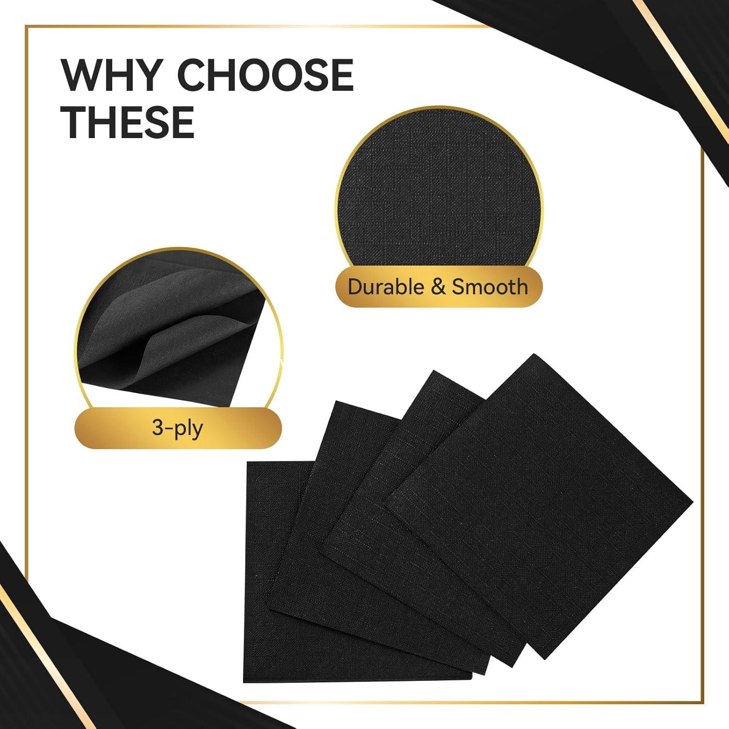 Wholesale 1000 Pack Black Cocktail Napkins, Elegant 3-Ply Disposable Beverage Napkins 4.9