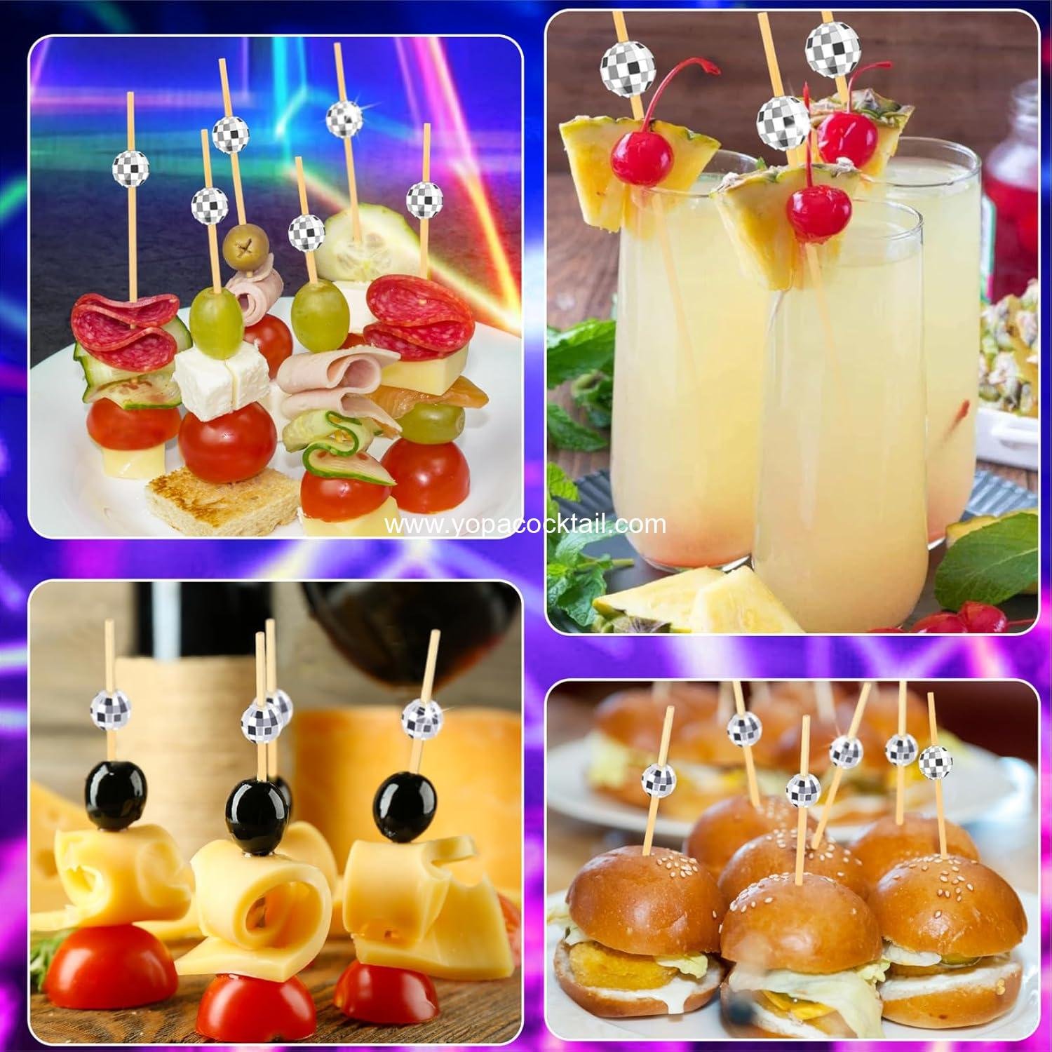 Wholesale Disco Ball Cocktail Picks for Appetizers, 4.7-Inch Silver Wooden Skewers for Drinks and Party Decorations, 100 Pieces, Supplier
