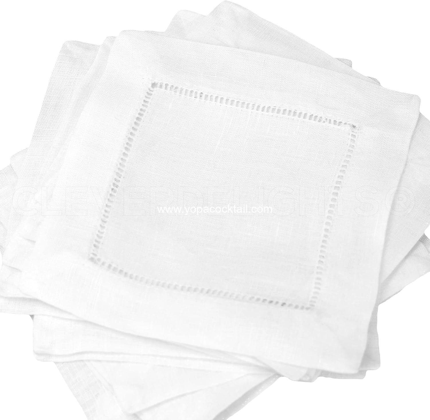 CleverDelights 6" White Linen Hemstitch Cocktail Napkins - 12 Pack - 100% Linen