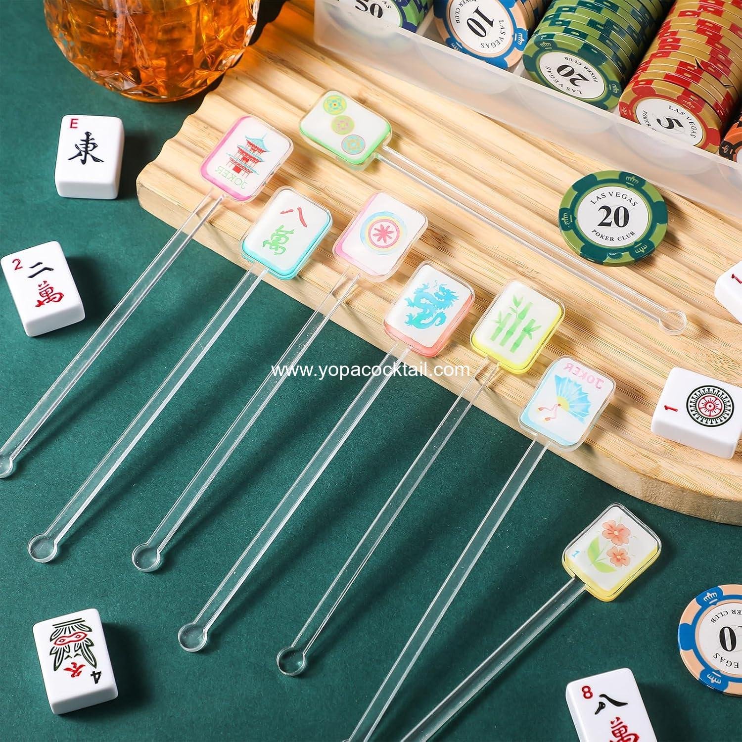 Wholesale 8 Pcs Mahjong Cocktail Swizzle Sticks, Plastic Drink Stirrers for Cocktails, Coffee, Whiskey, and Cakes - Multicolor Acrylic Shafts - Supplier