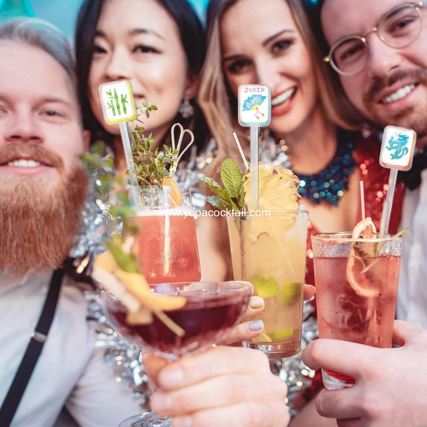 Wholesale 8 Pcs Mahjong Cocktail Swizzle Sticks, Plastic Drink Stirrers for Cocktails, Coffee, Whiskey, and Cakes - Multicolor Acrylic Shafts - Supplier