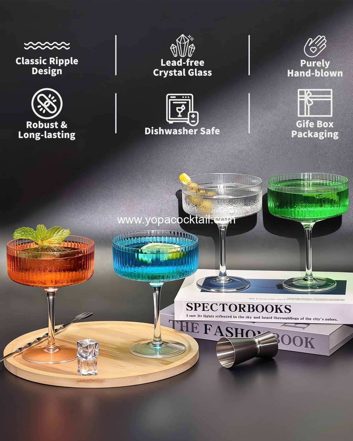 Wholesale 4 Pcs Hand Blown 10 oz Coupe Glass Set, Ribbed Cocktail Glasses Gift Boxed for Espresso Martini, Manhattan, Wine and Champagne Supplier