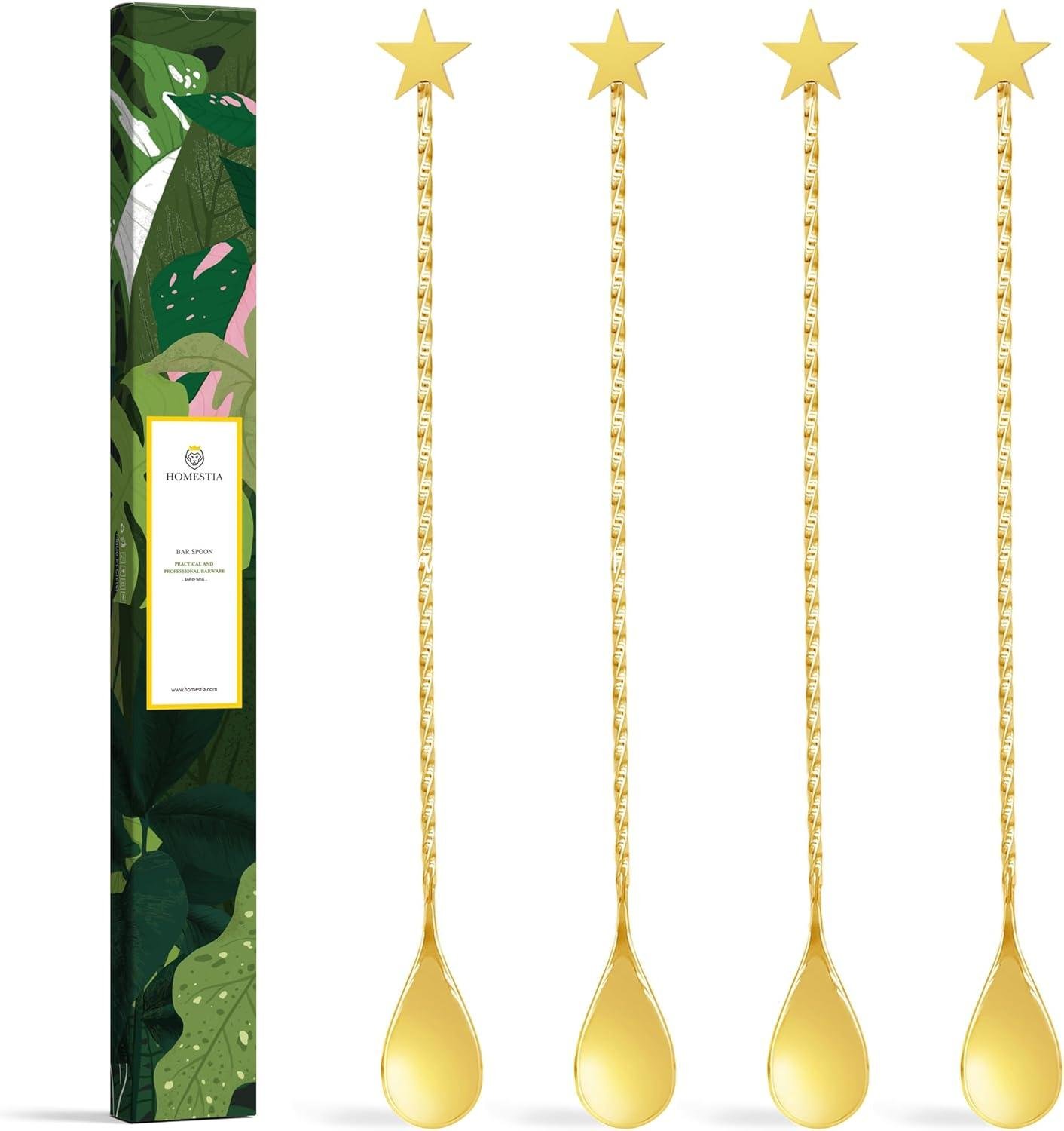 Homestia 4 Pack Gold 12-Inch Stainless Steel Cocktail Spoon with Star Handle - Perfect for Mixing & Layering Drinks in Tall Cups, Bar & Shakers - Durable Long Handle Bar Stirrer