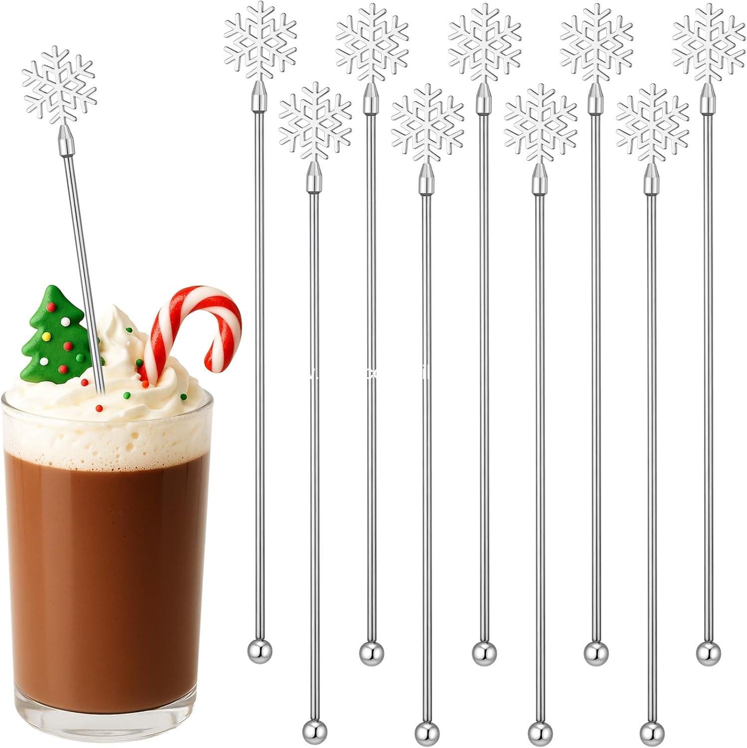 Wholesale 10 Pack Christmas Snowflake Drink Stirrers 7.9 Inch for Hot Cocoa Bar and Cocktail Supplies. Reusable Metal Swizzle Sticks for Winter Coffee and Xmas Party Decor Supplier.