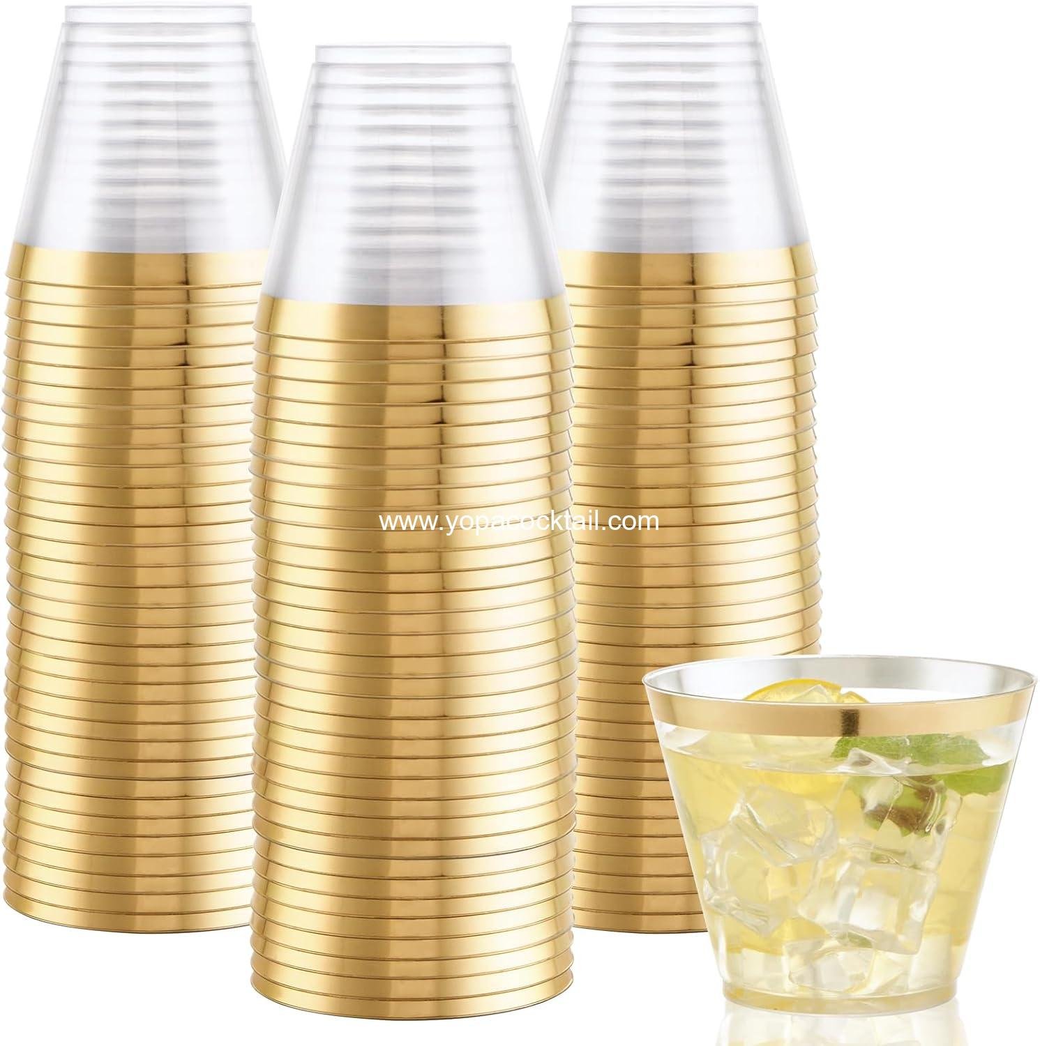 Wholesale 200Pcs 9OZ Clear Plastic Disposable Cups with Gold Trim - Heavy Duty & BPA-Free for Party, Wedding, Reception Supplier