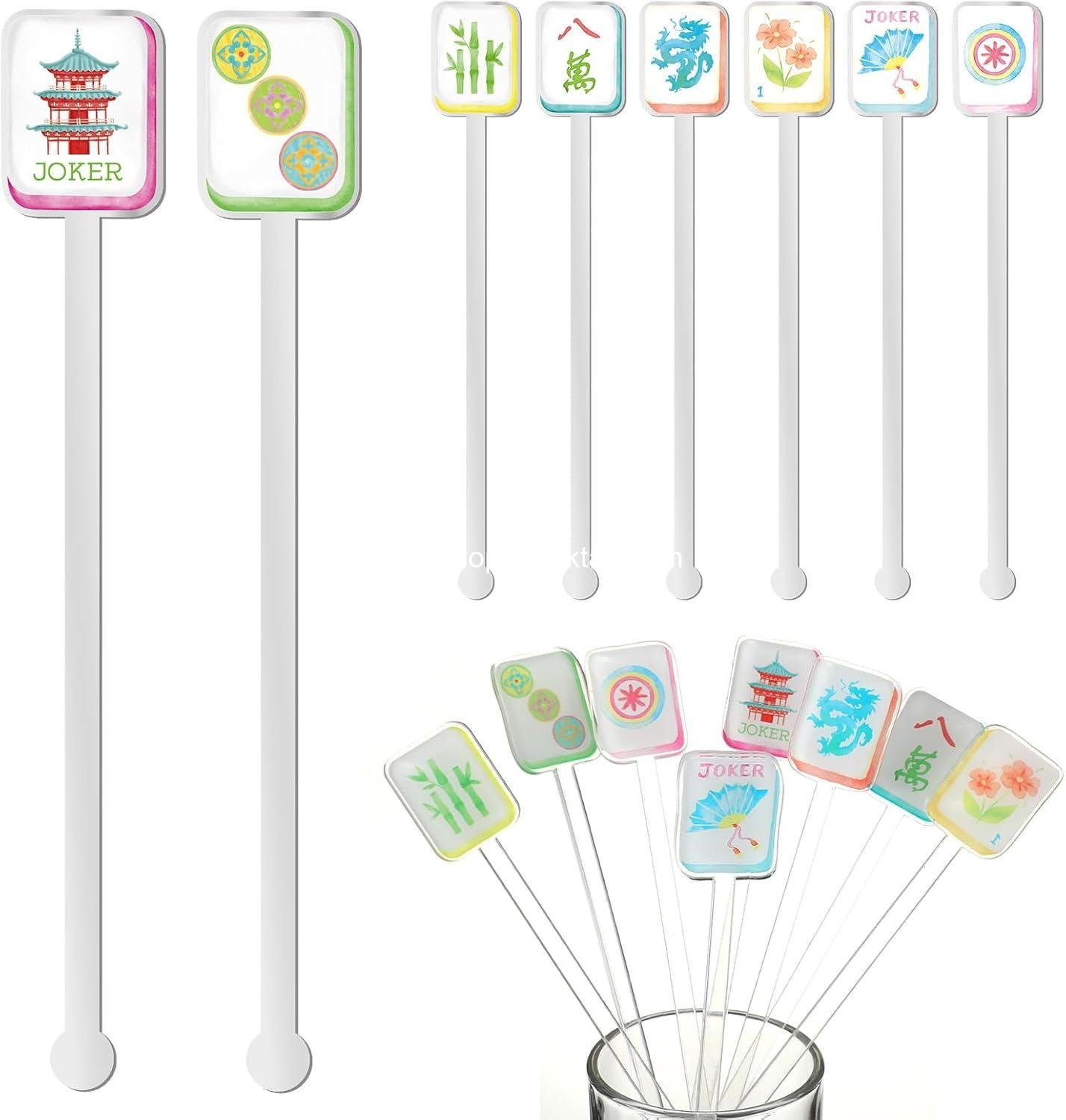 Wholesale 8 Pcs Mahjong Cocktail Swizzle Sticks, Plastic Drink Stirrers for Cocktails, Coffee, Whiskey, and Cakes - Multicolor Acrylic Shafts - Supplier