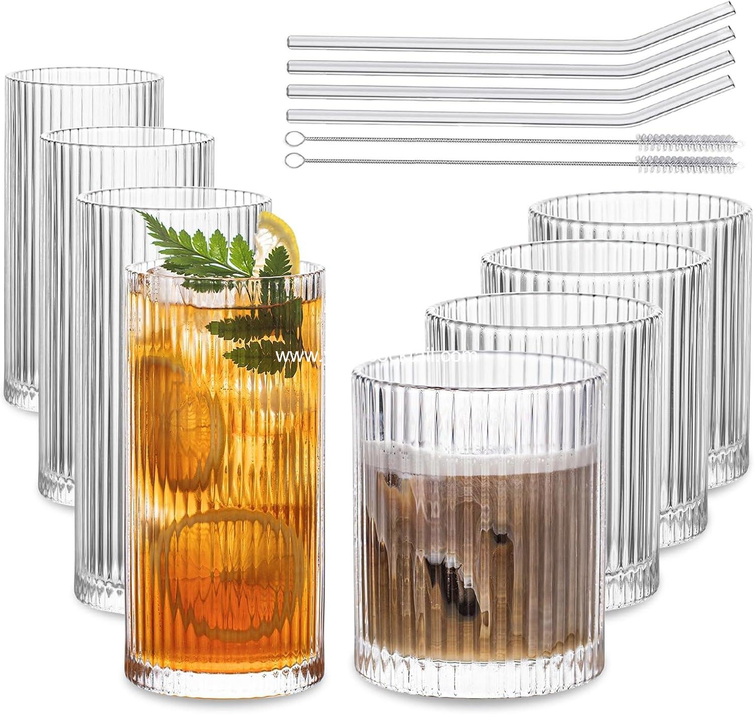 Wholesale Set of 8 Vintage Glassware - 4 Highball Glasses (12 oz), 4 Rocks Glasses (14 oz), Ribbed Cocktail Glasses for Wine, Juice, Water, Ice Coffee, Whiskey, Mixed Drinks - Supplier Wholesale Set of 8 Vintage Glassware - 4 Highball Glasses (12 oz), 4 Rocks Glasses (14 oz), Ribbed Cocktail Glasses for Wine, Juice, Water, Ice Coffee, Whiskey, Mixed Drinks - Supplier