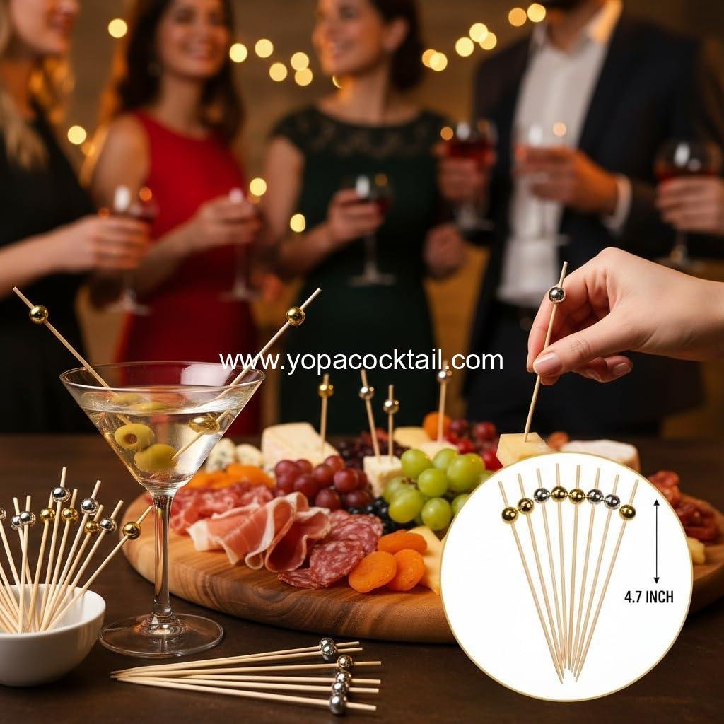 Wholesale 200 Pcs Gold Pearl Cocktail Picks Silver Ball Fancy Bamboo Skewers 4.7 Inch Appetizer Drink Fruit Sandwich Charcuterie Party Decorative Sticks manufacturer