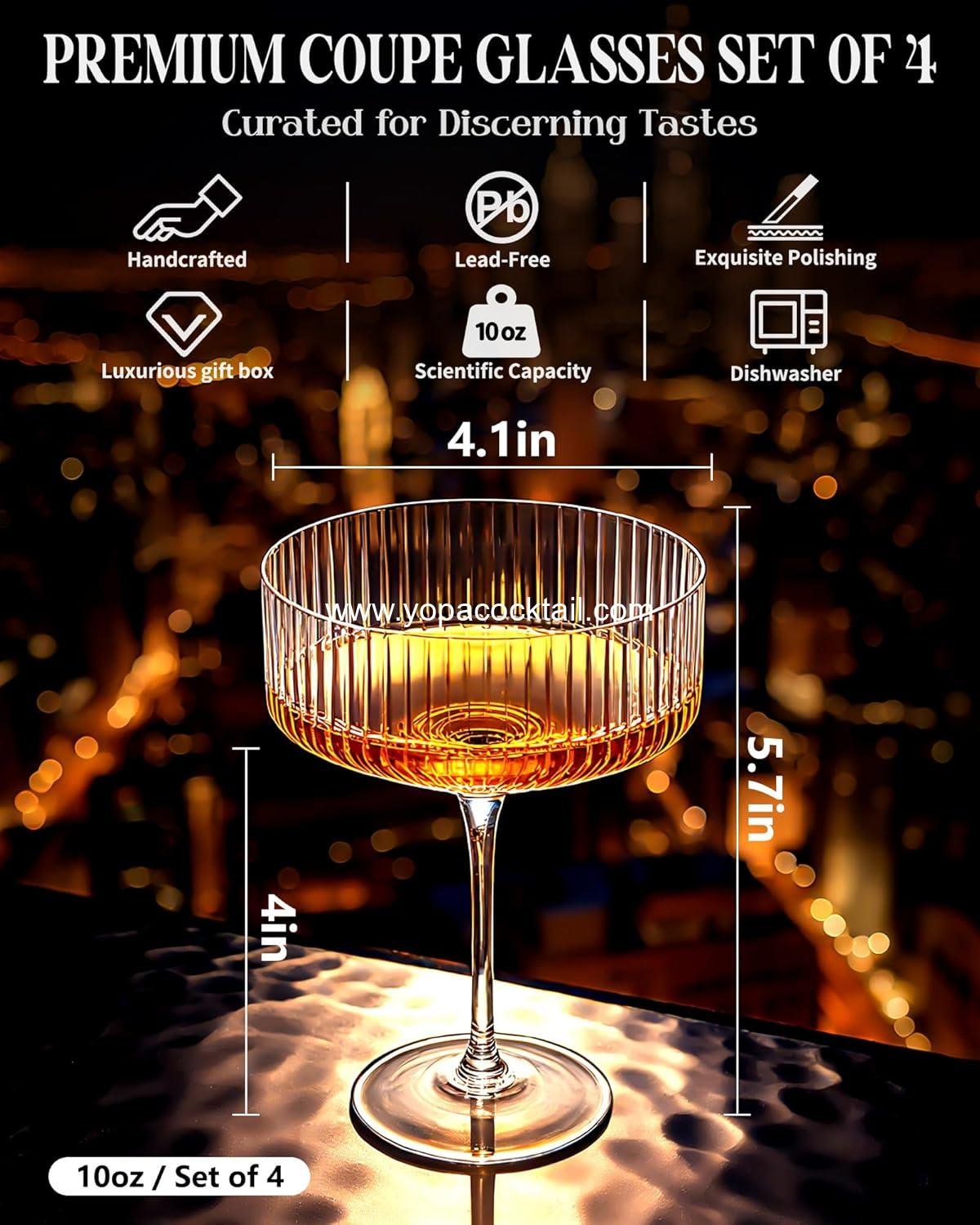 Wholesale 10 oz Ribbed Vintage Coupe Glasses Set of 4 | Elegant Crystal Cocktail Champagne Dessert Glasses | Gift Entertaining OEM manufacturer