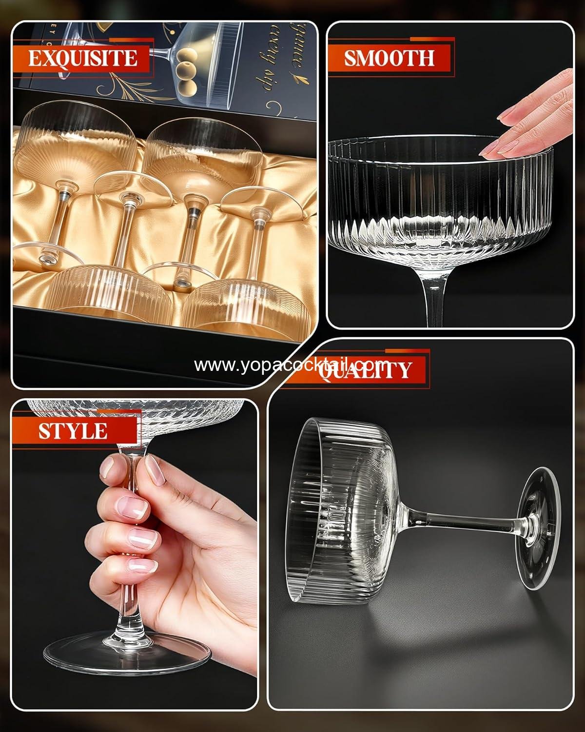 Wholesale 10 oz Ribbed Vintage Coupe Glasses Set of 4 | Elegant Crystal Cocktail Champagne Dessert Glasses | Gift Entertaining OEM manufacturer
