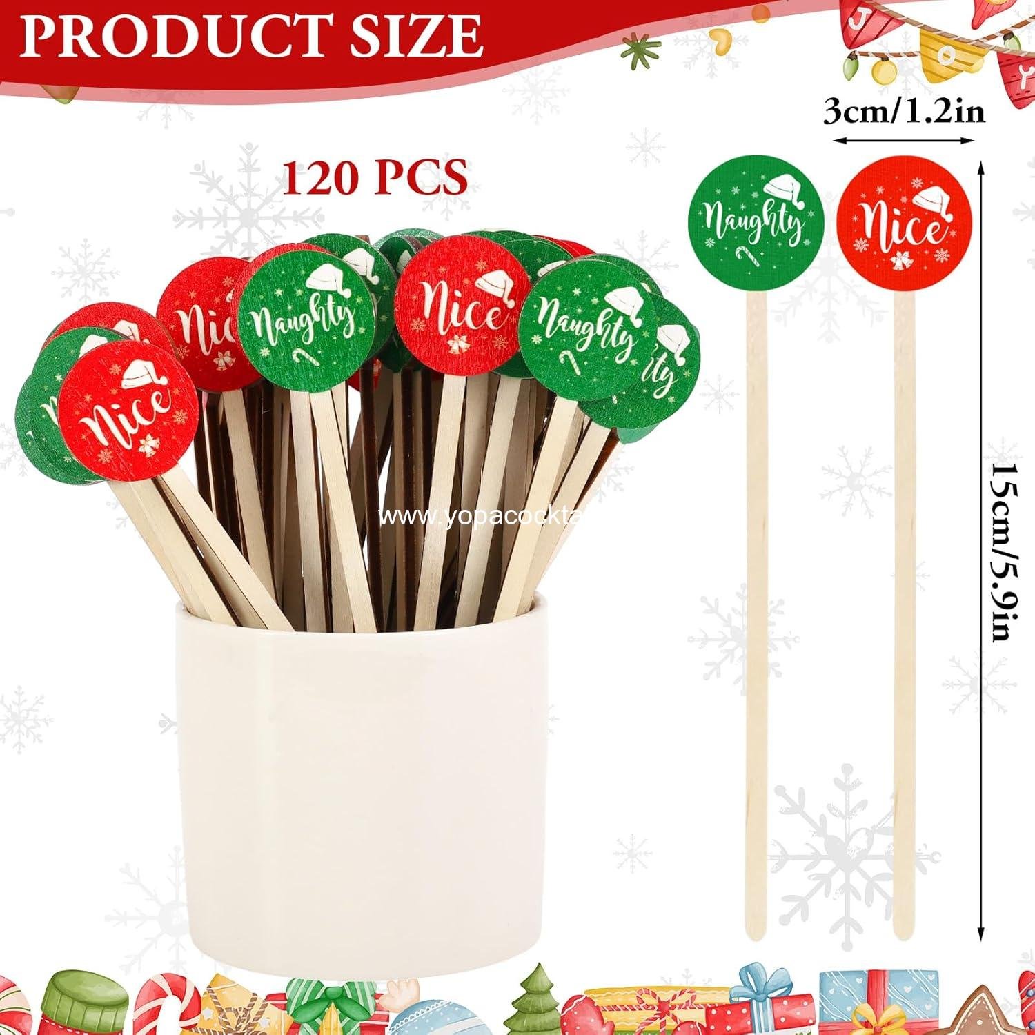 Wholesale 120 Pcs Christmas Wooden Stirrers Red Green Naughty Nice Cocktail Coffee Drink Wood Sticks Disposable for Holiday Party Supplies manufacturer