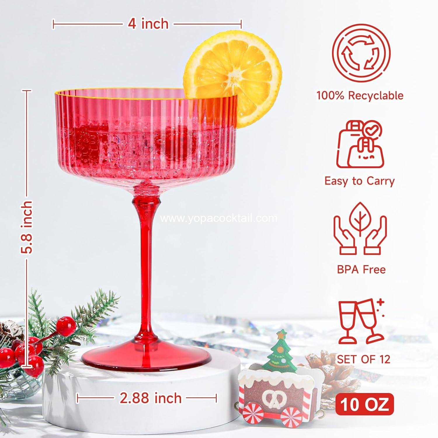 Wholesale 12 Pack 10oz Red Ribbed Plastic Martini Glasses Gold Rimmed Coupe Vintage Cocktail Glasses for Bar Parties Margarita Gin Tequila Desserts Snacks factory