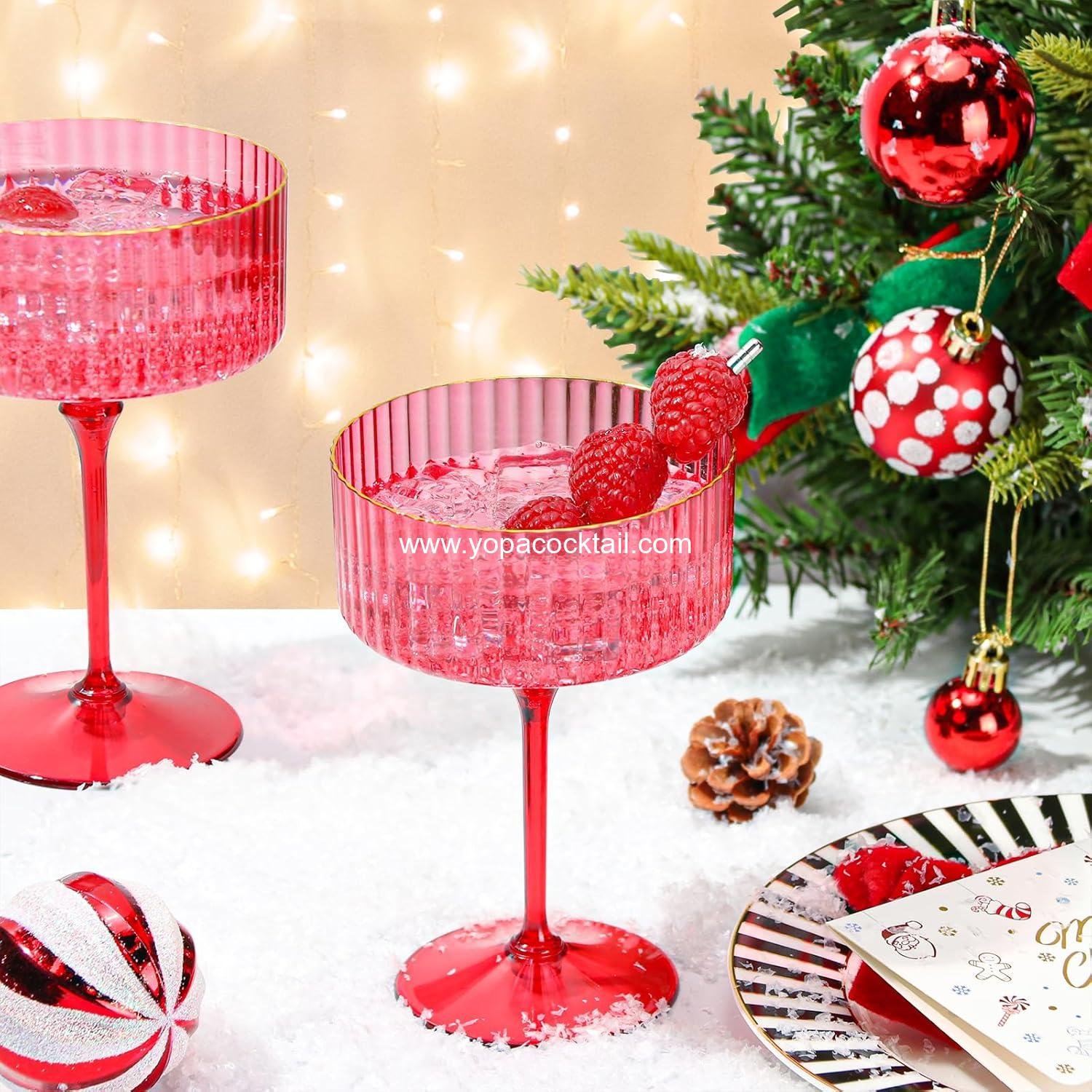 Wholesale 12 Pack 10oz Red Ribbed Plastic Martini Glasses Gold Rimmed Coupe Vintage Cocktail Glasses for Bar Parties Margarita Gin Tequila Desserts Snacks factory