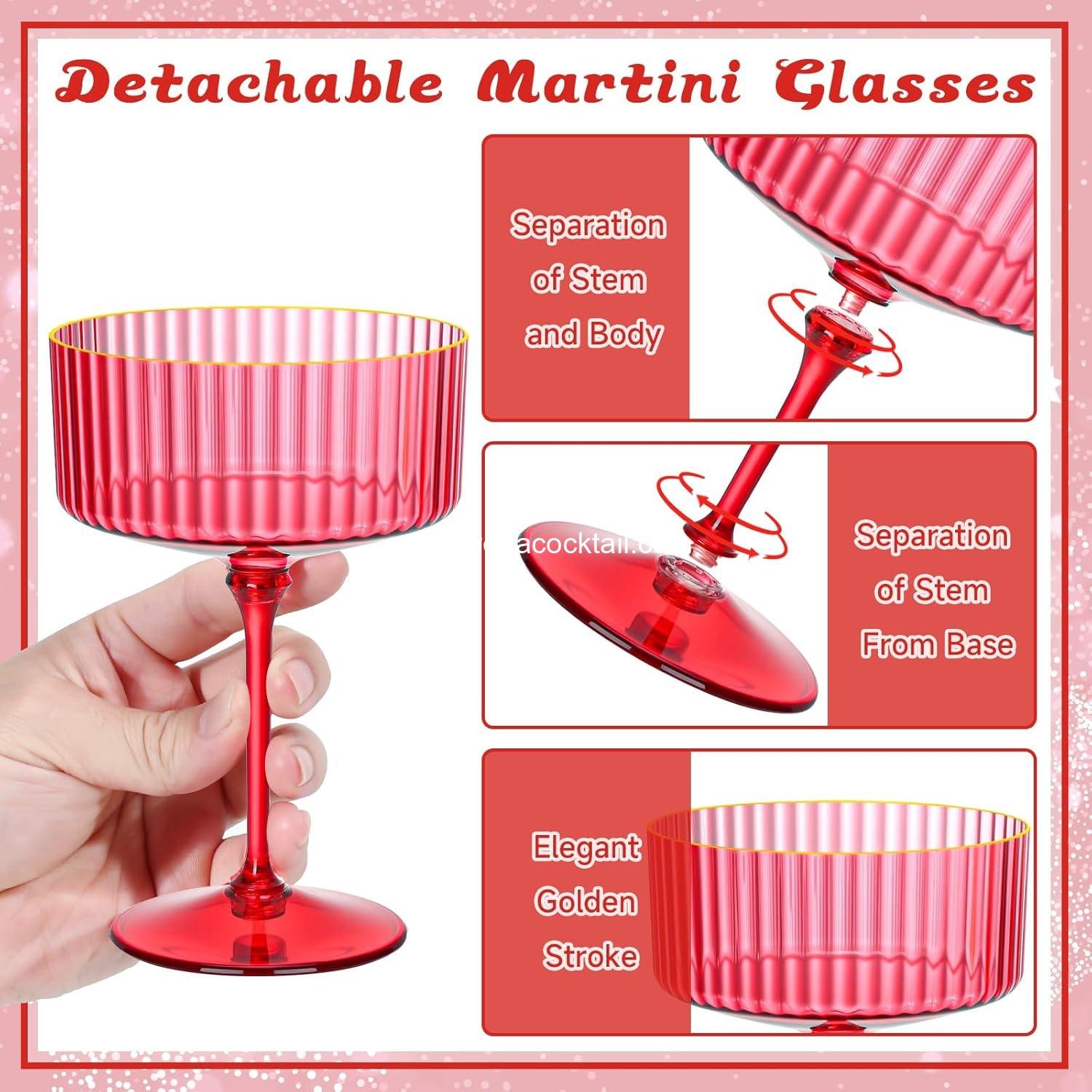 Wholesale 12 Pack 10oz Red Ribbed Plastic Martini Glasses Gold Rimmed Coupe Vintage Cocktail Glasses for Bar Parties Margarita Gin Tequila Desserts Snacks factory